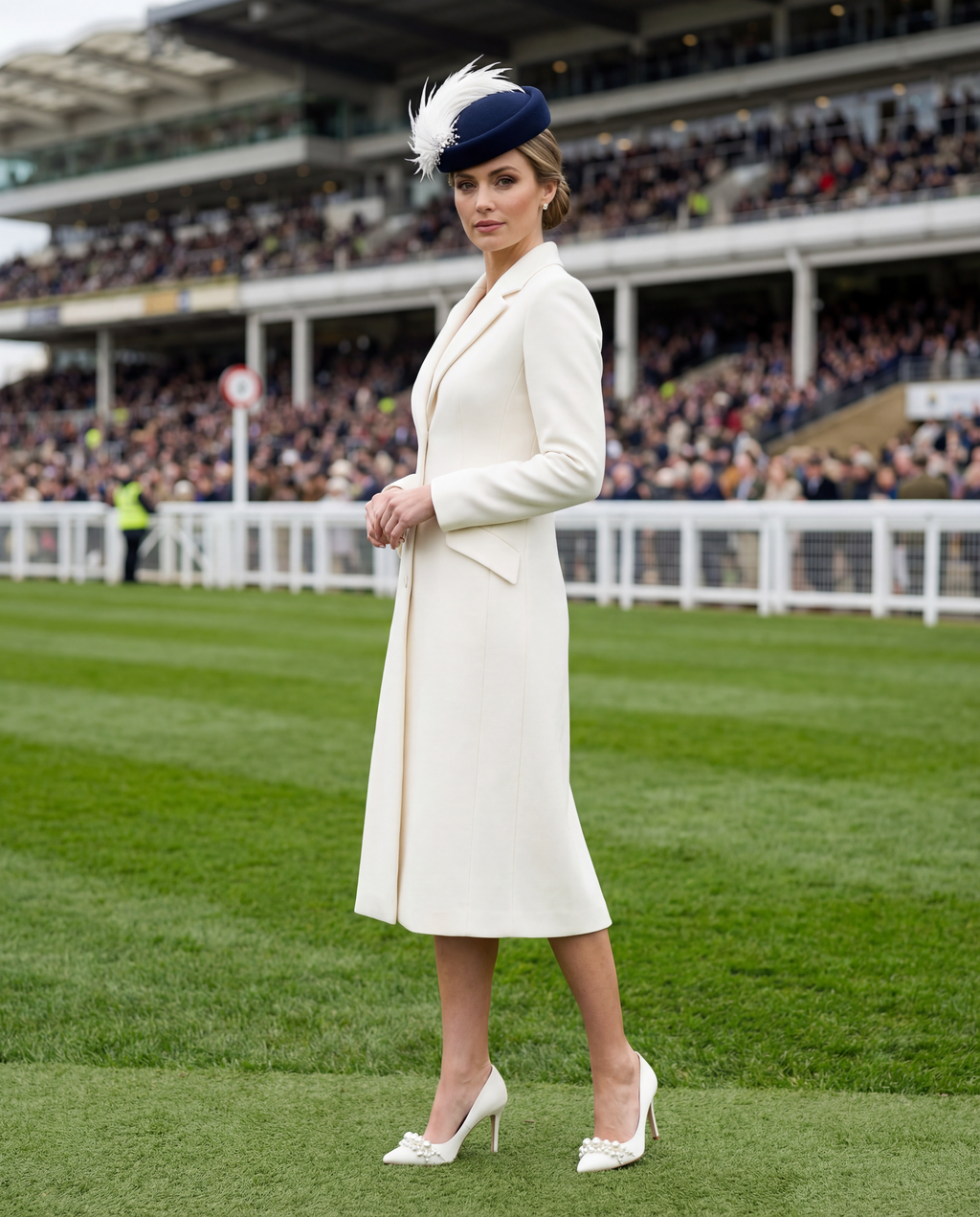 Navy Pillbox Hat with Feathers and Pearls