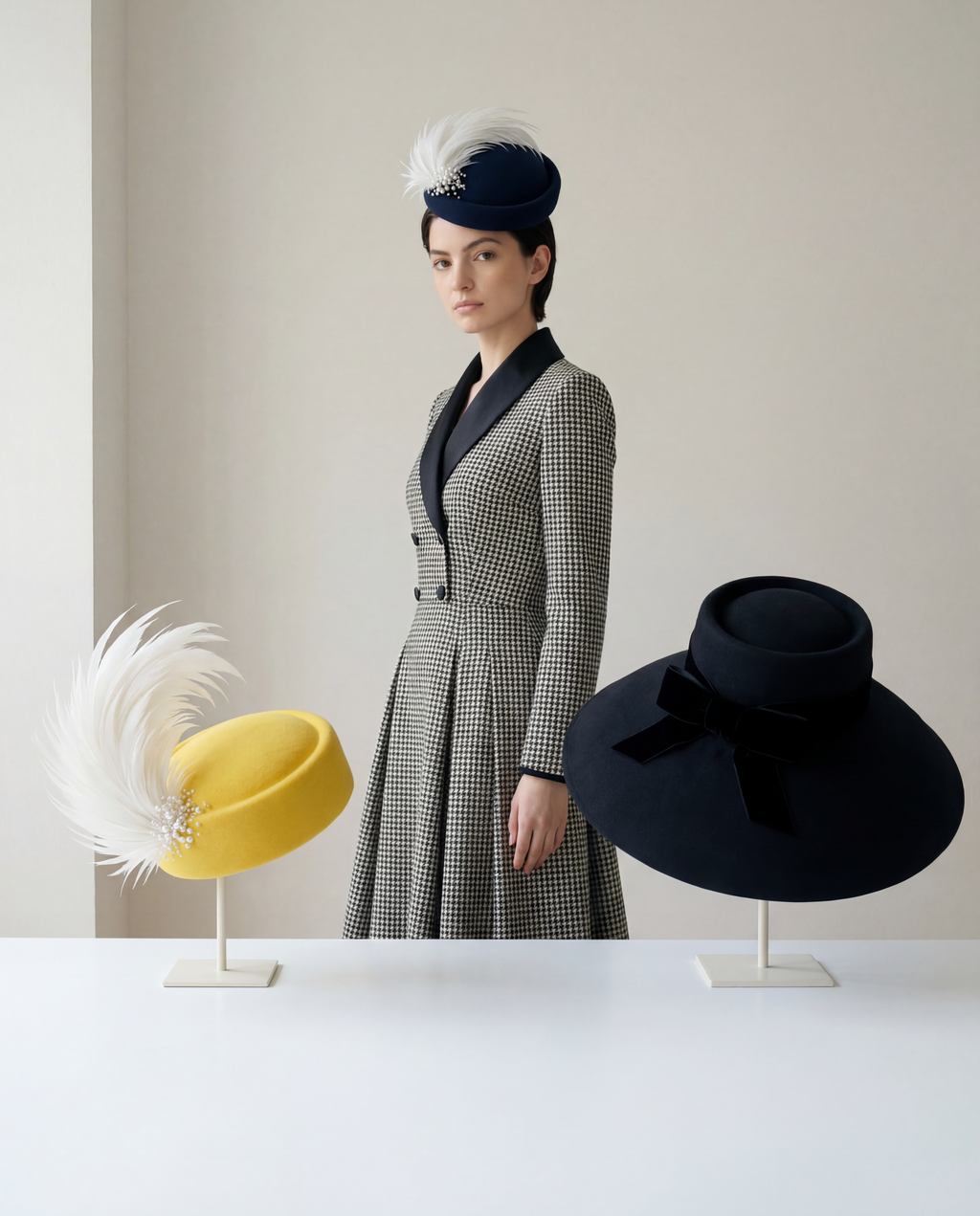 Navy Pillbox Hat with Feathers and Pearls