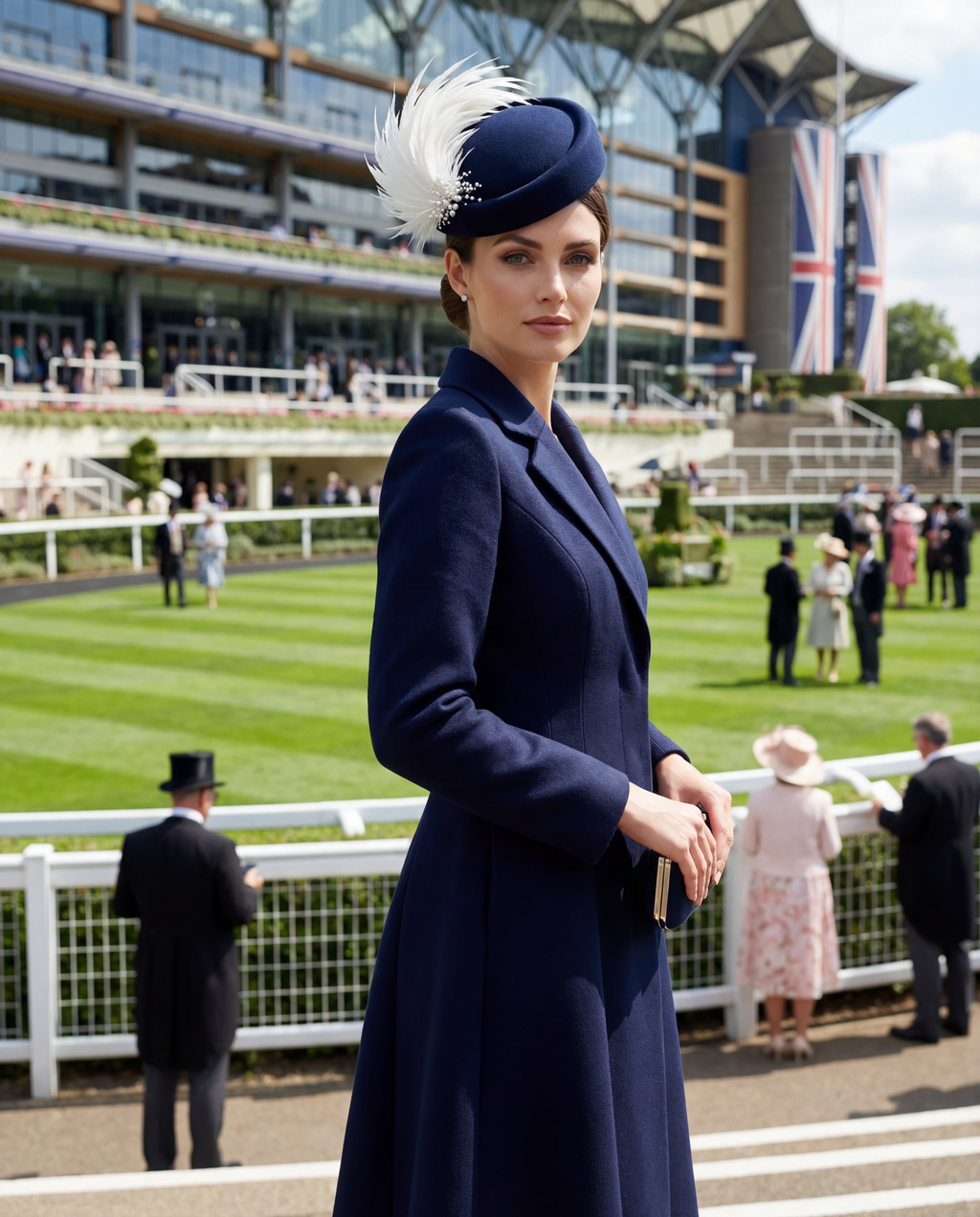 Navy Pillbox Hat with Feathers and Pearls