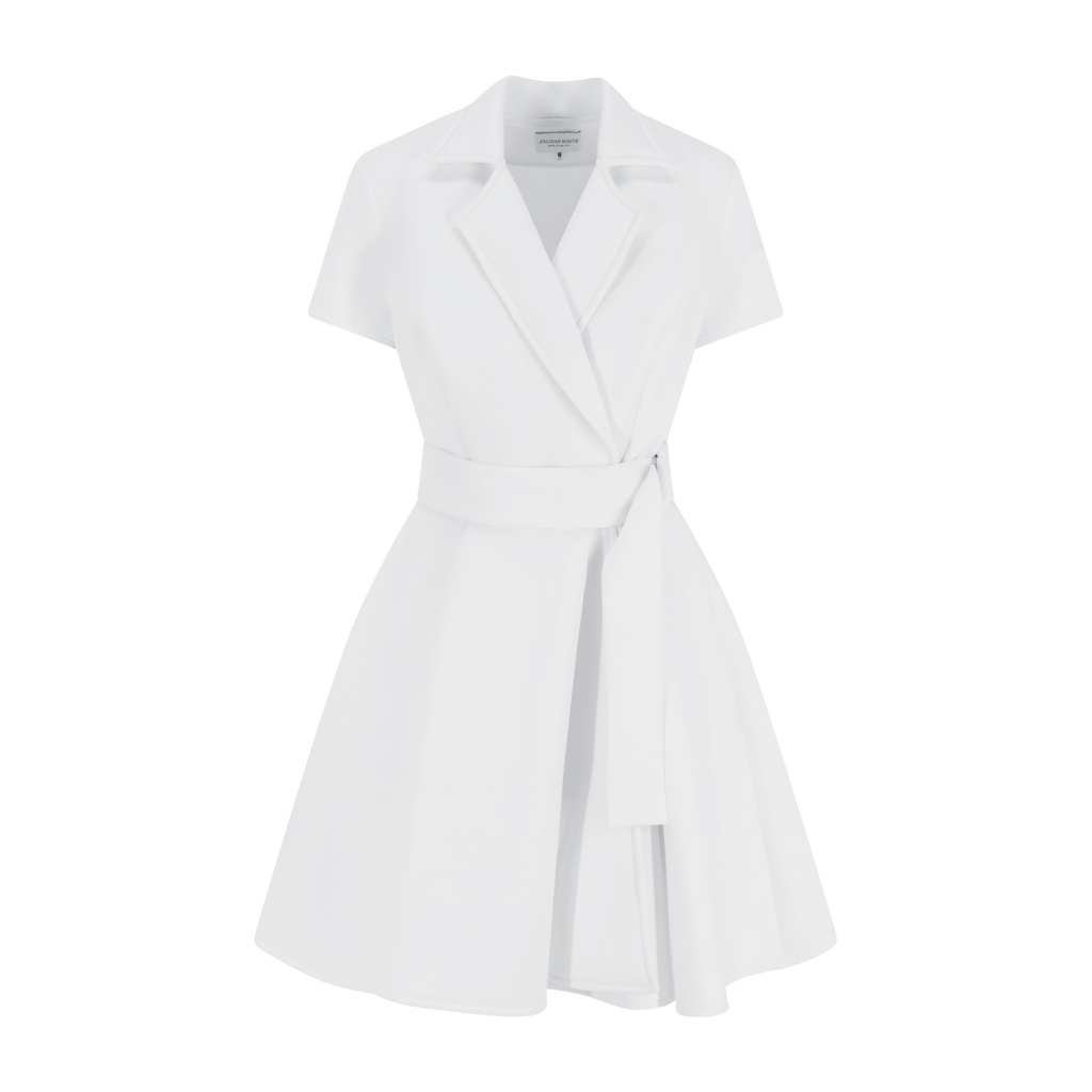 Knee-Length Scuba Wrap Dress – D-Ring Front Closure and Pockets