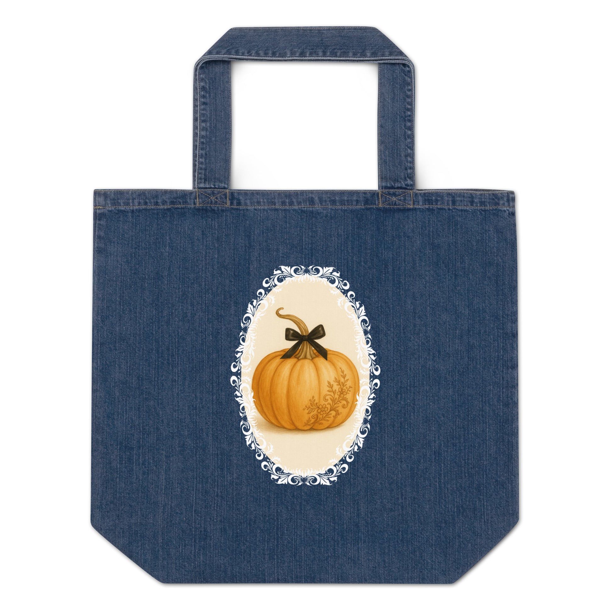 Pumpkin Spice Printed Organic Denim Tote Bag with Inside Pocket