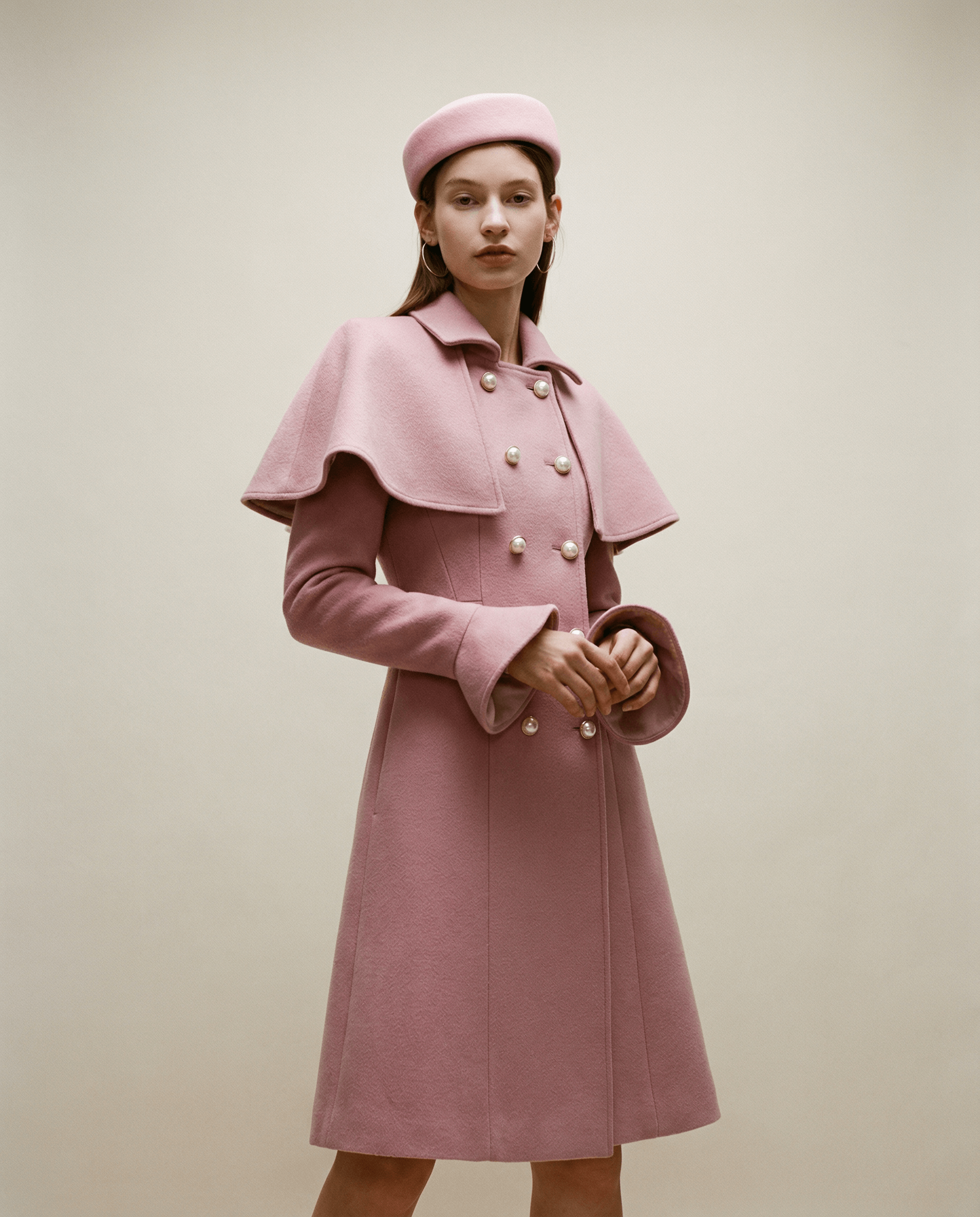 Bonbonrosa Mantel mit abnehmbarem Umhang und Taschen