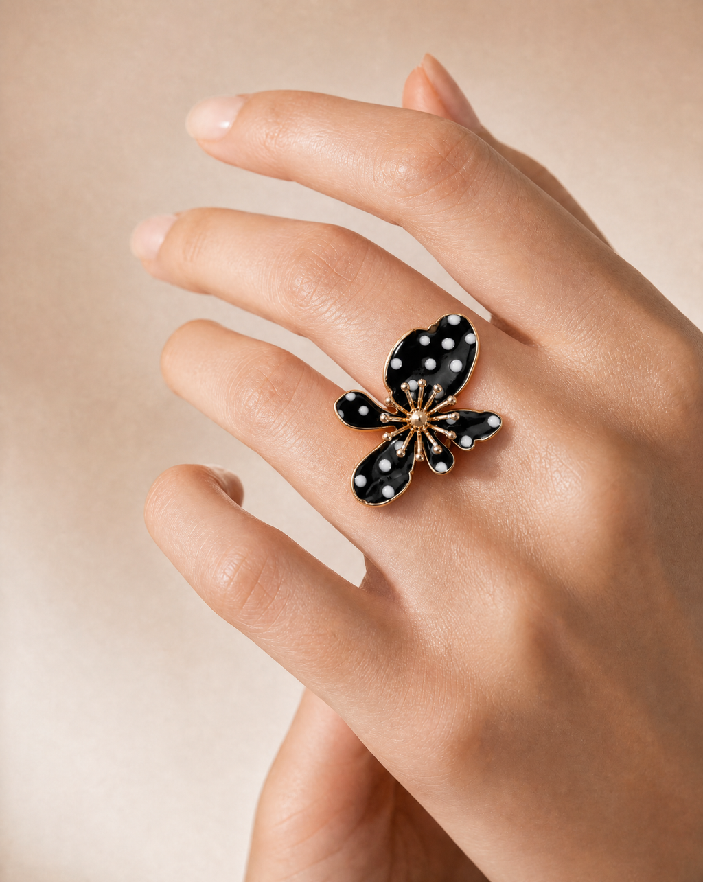 Midnight Polka Flower Jewellery Set - Enamel Statement Earrings and Ring