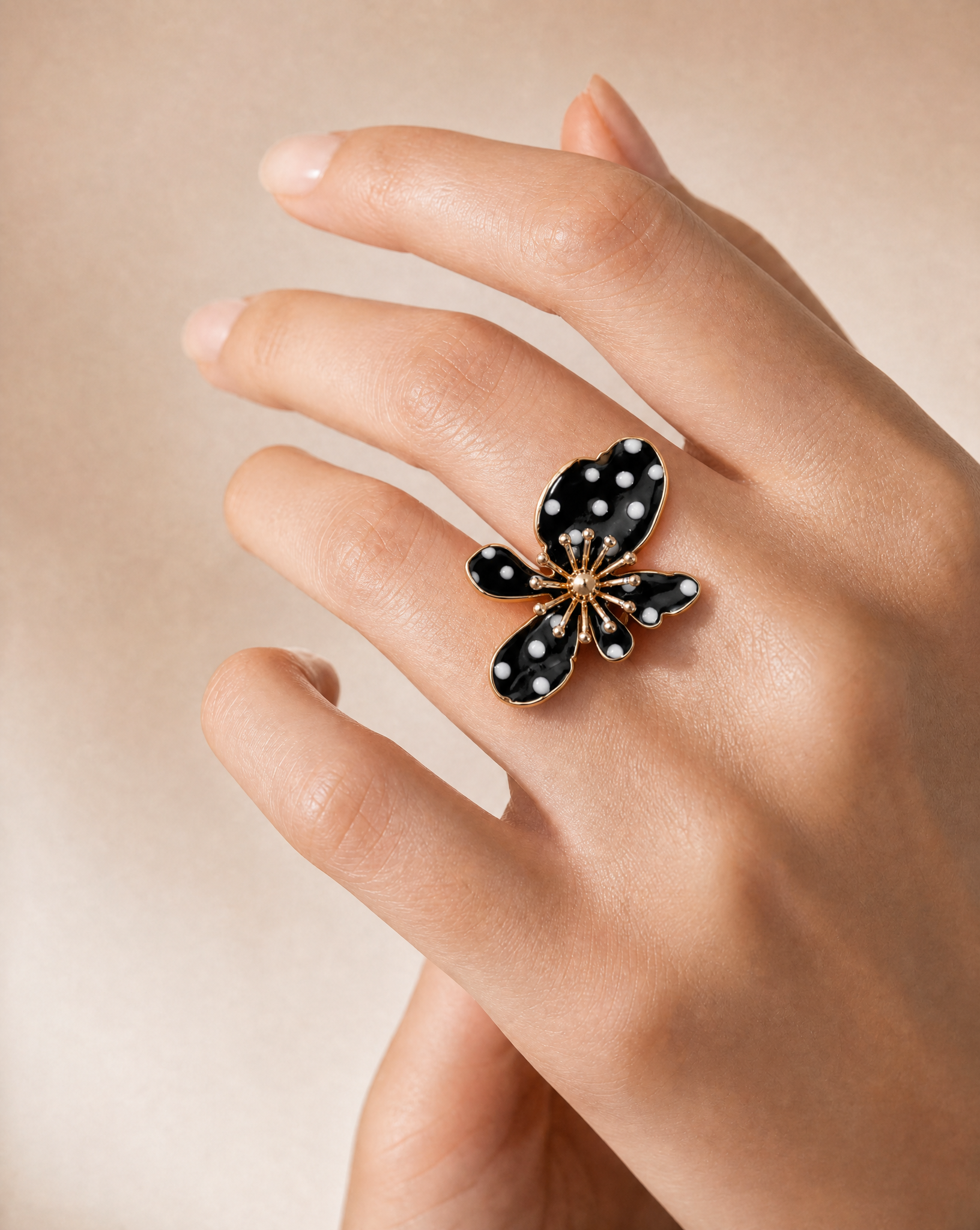 Midnight Polka Flower Jewellery Set - Enamel Statement Earrings and Ring