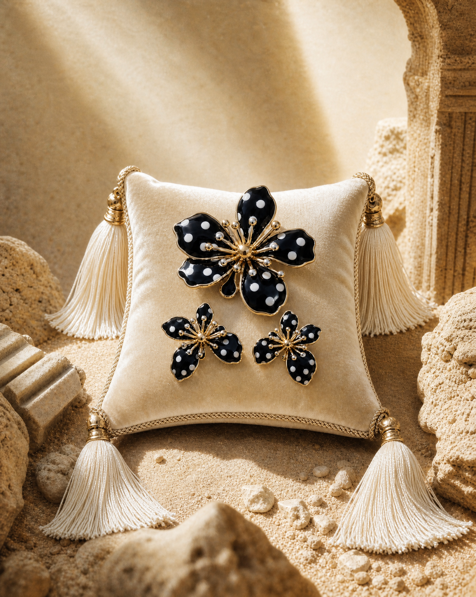Midnight Polka Flower Jewellery Set - Enamel Statement Earrings and Ring