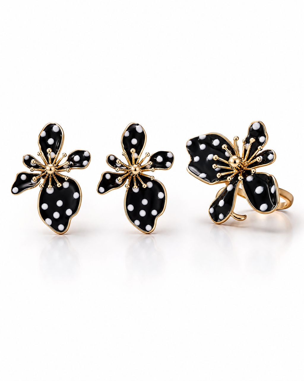 Midnight Polka Flower Jewellery Set - Enamel Statement Earrings and Ring