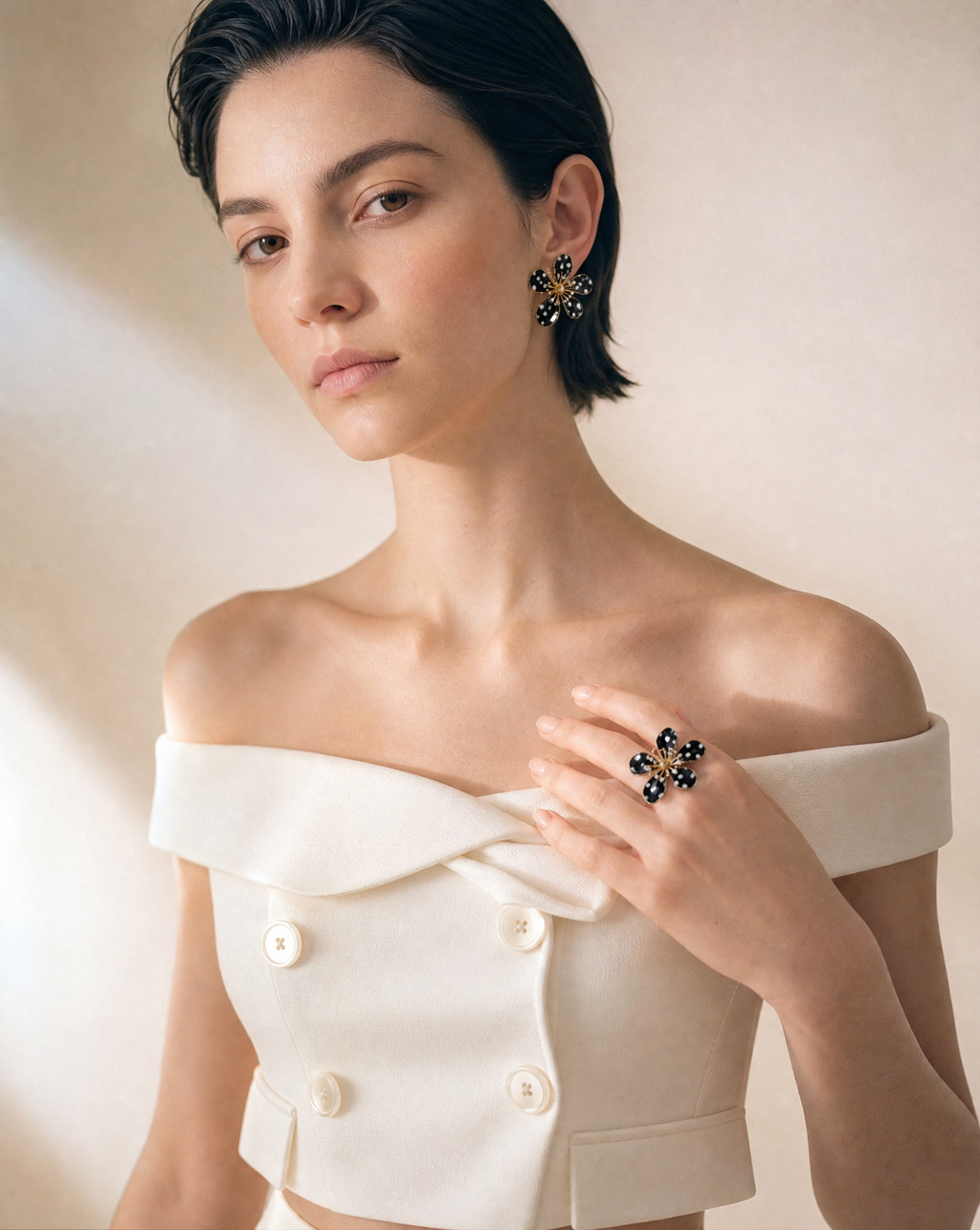 Midnight Polka Flower Jewellery Set - Enamel Statement Earrings and Ring