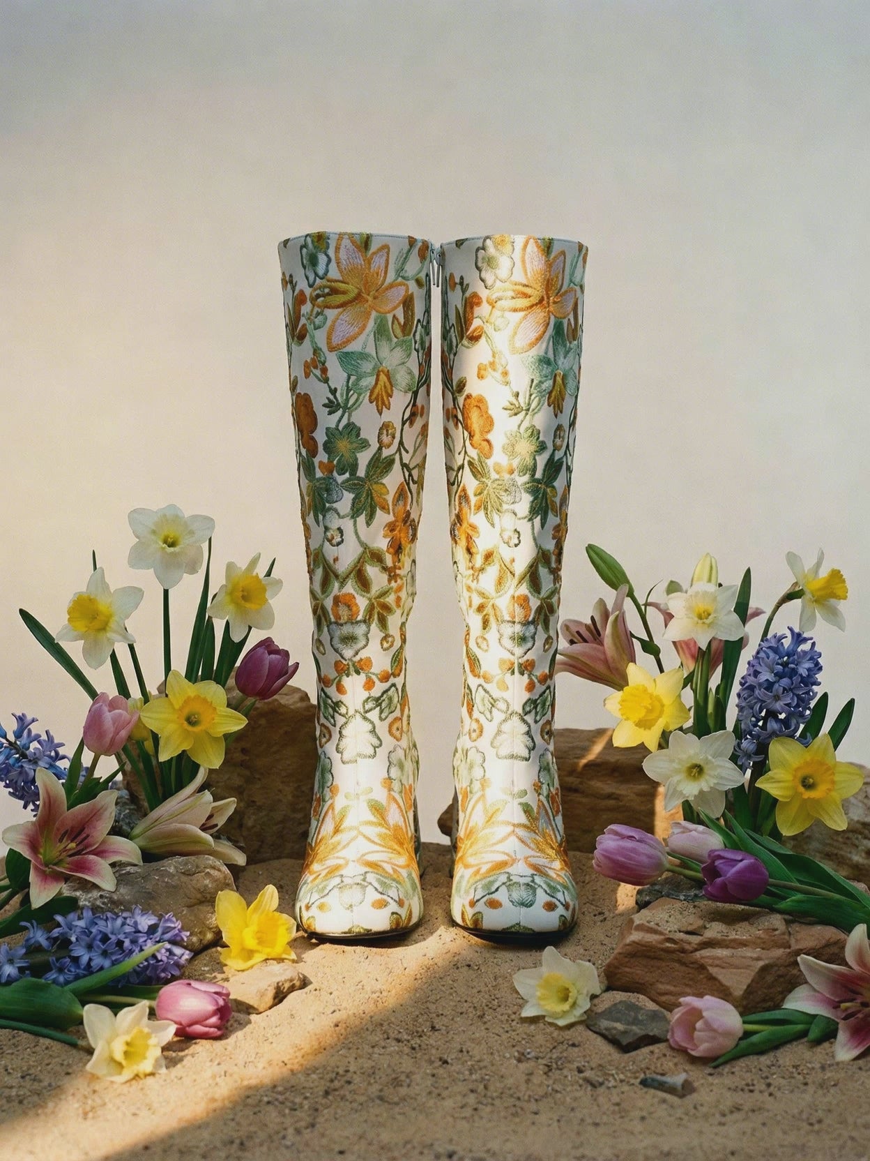 Floral Knee High Platform Boots with Block Heel