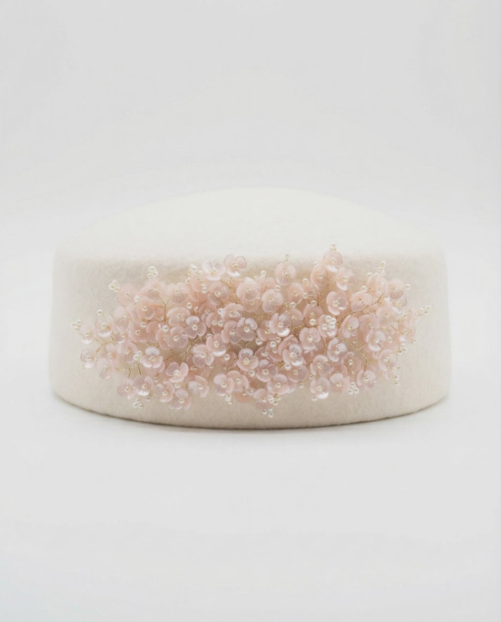 Structured Pillbox Hat with Miniature Acrylic Flowers and Faux Pearls 100% Wool Adjustable
