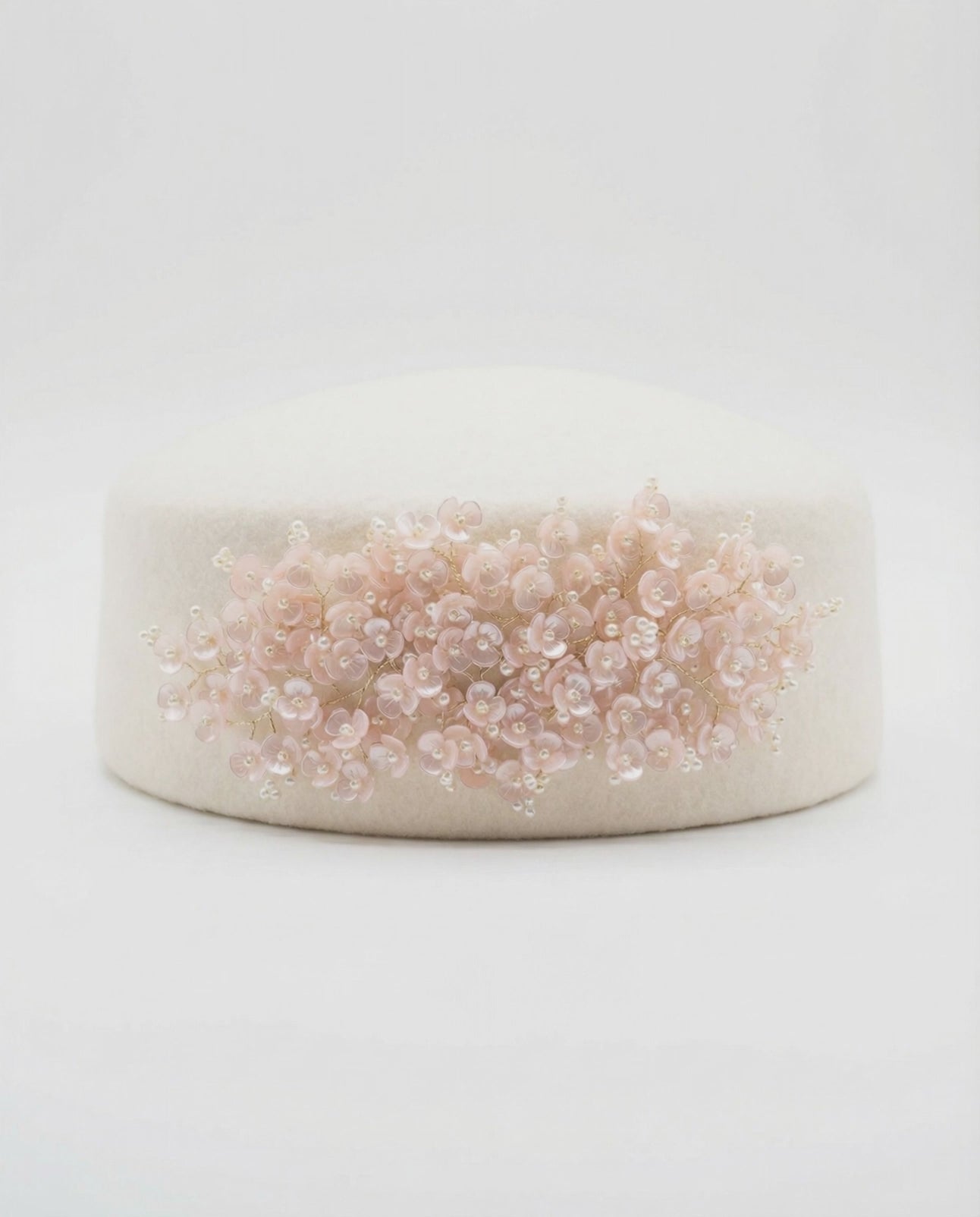 Structured Pillbox Hat with Miniature Acrylic Flowers and Faux Pearls 100% Wool Adjustable