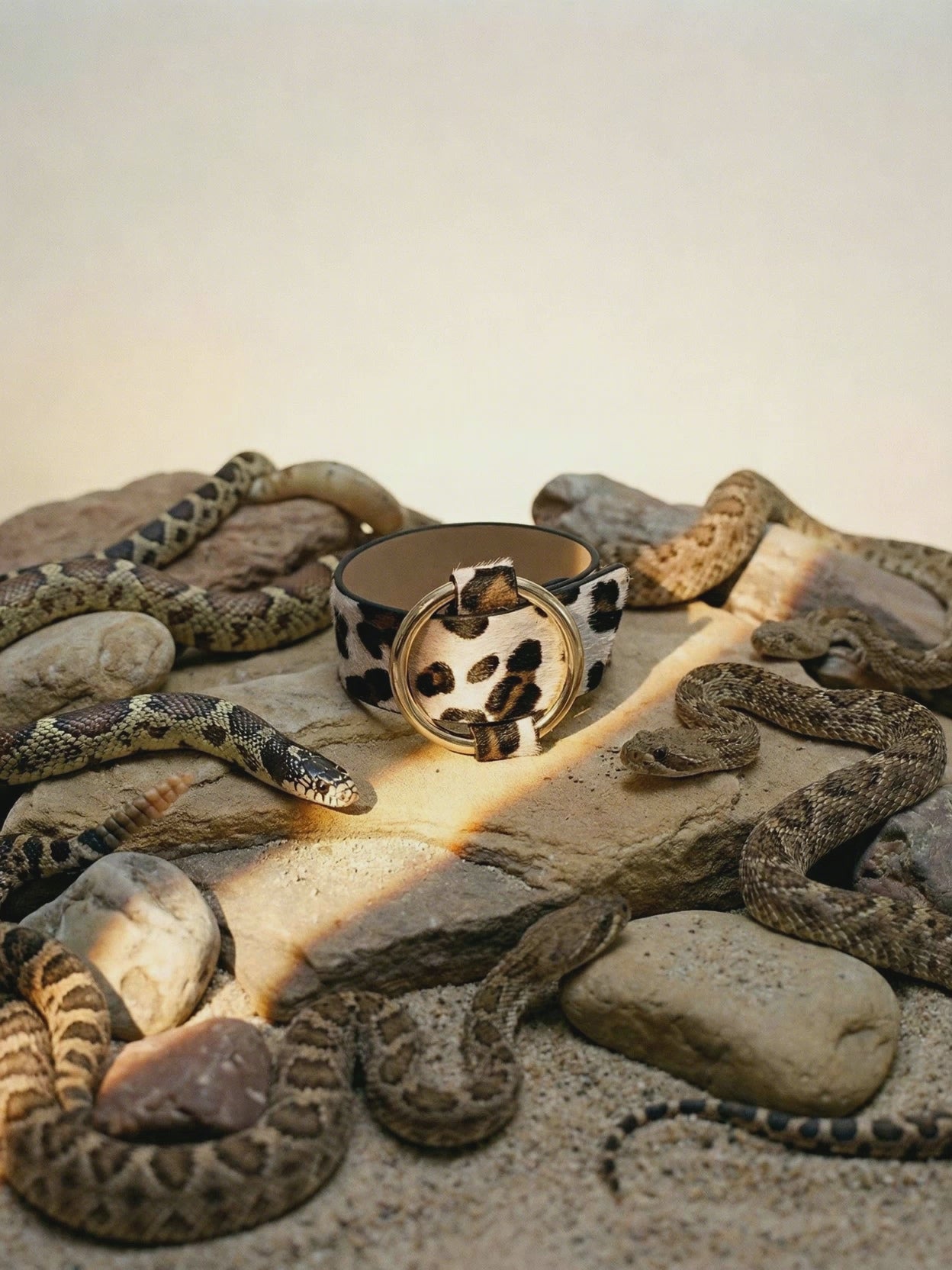 Leopard Print Leather Cuff Bracelet with Gold Ring