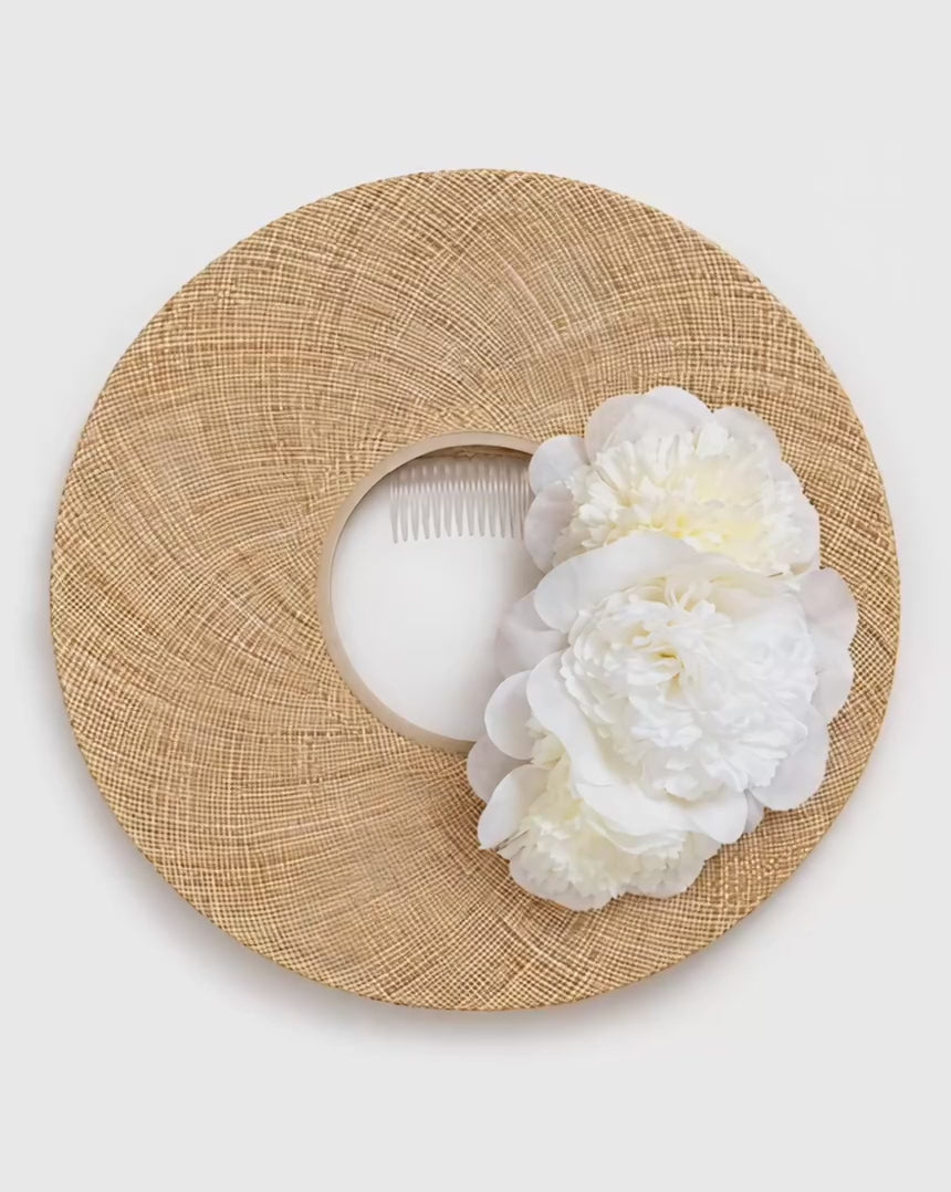 Wide-Brim Straw Halo Hat with Ivory Silk Peonies
