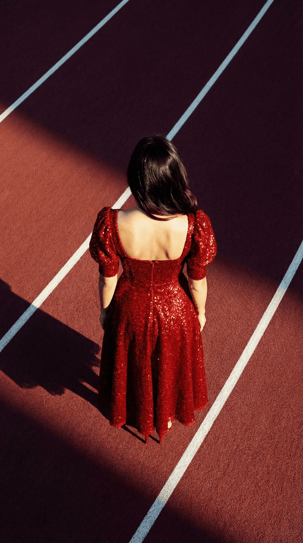 Sequin Milkmaid Dress with Sweetheart Neckline & Puffed Sleeves - Red