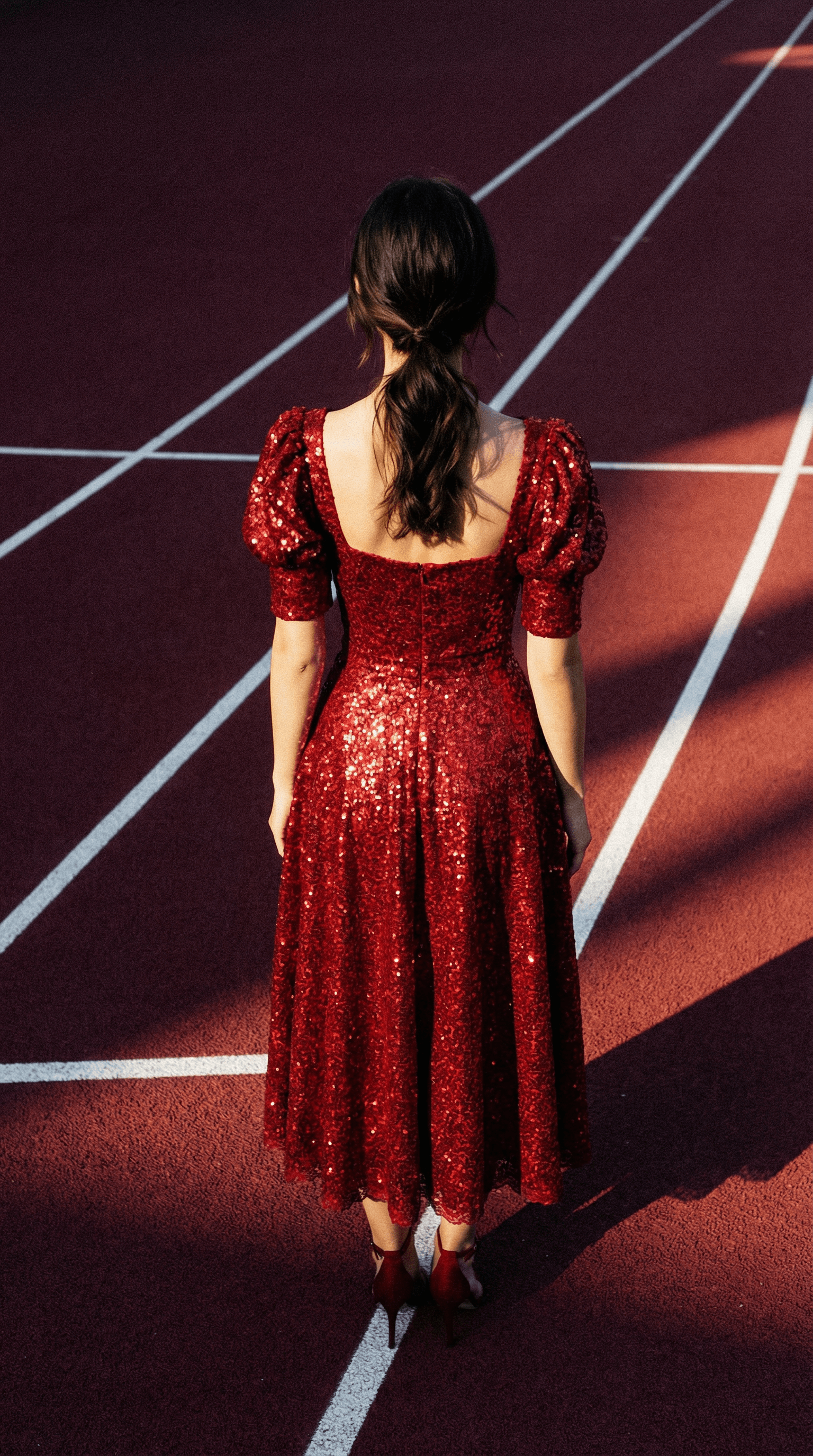 Sequin Milkmaid Dress with Sweetheart Neckline & Puffed Sleeves - Red Sequin Milkmaid Dress with Sweetheart Neckline & Puffed Sleeves - Red
