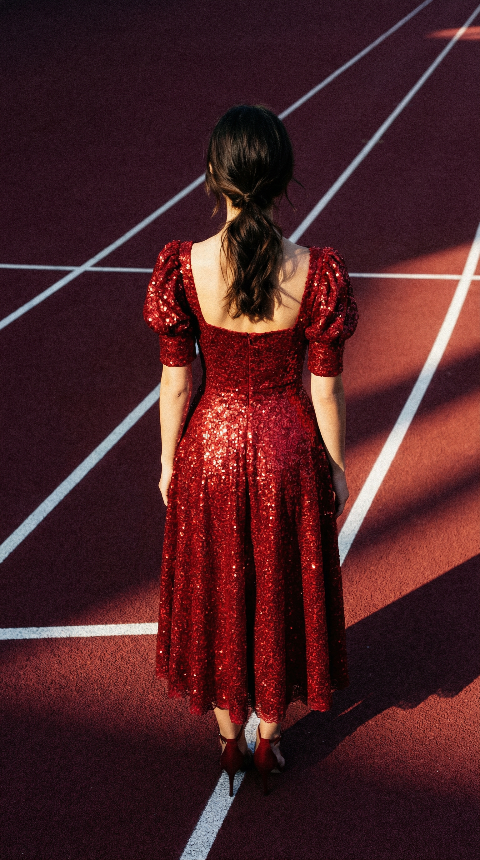 Sequin Milkmaid Dress with Sweetheart Neckline & Puffed Sleeves - Red