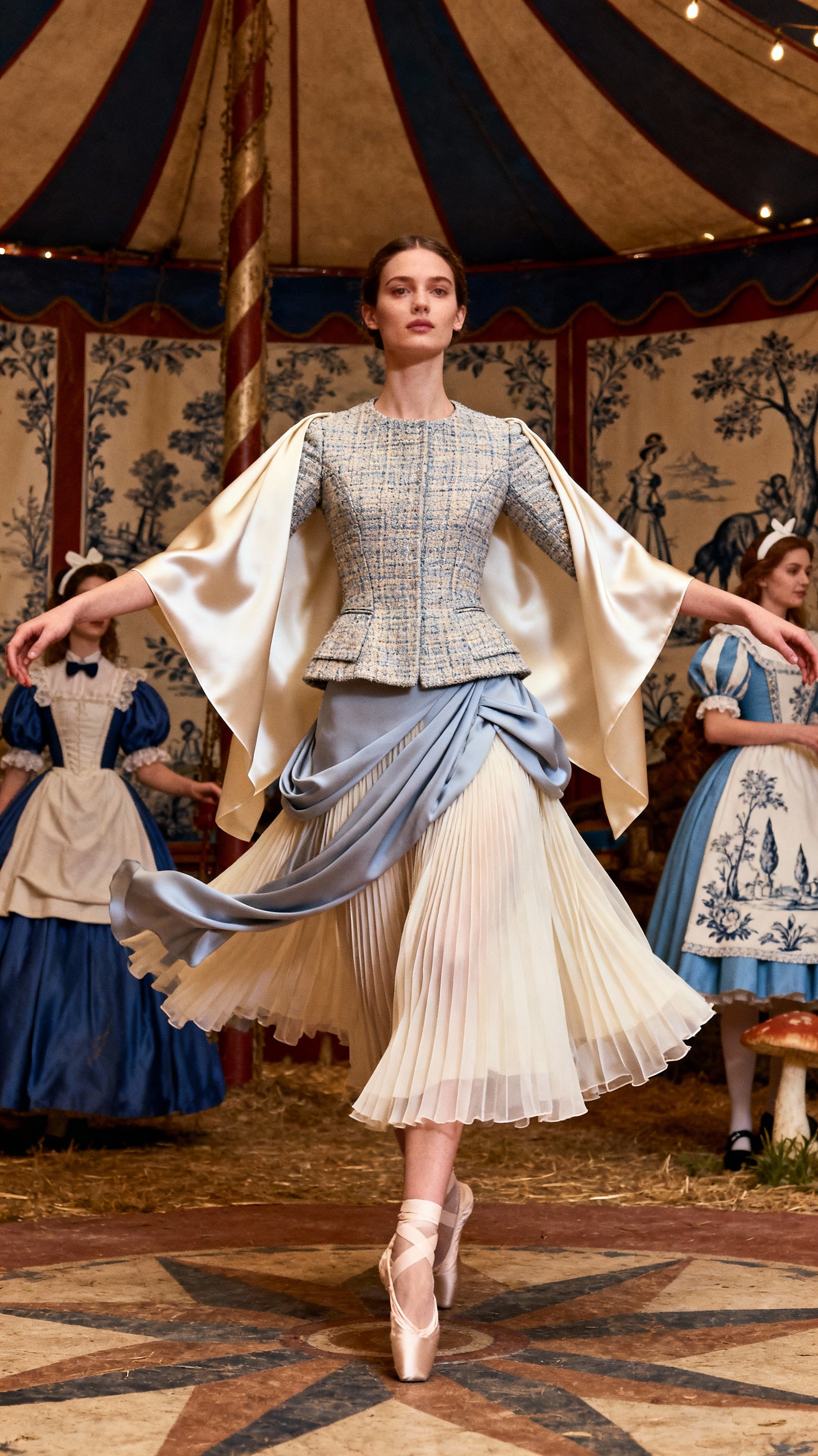 Dancer in a costume with a tent and other dancers in the background