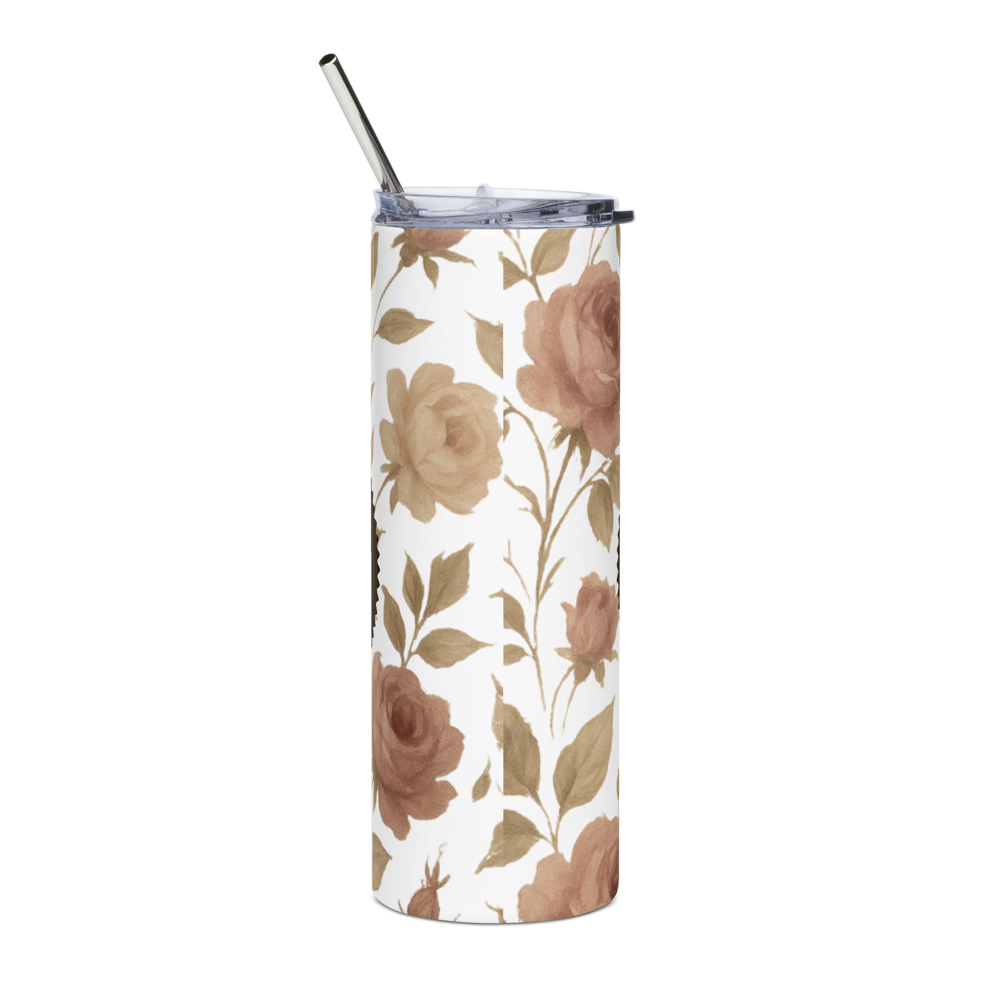 Tumbler with floral pattern and metal straw on a white background
