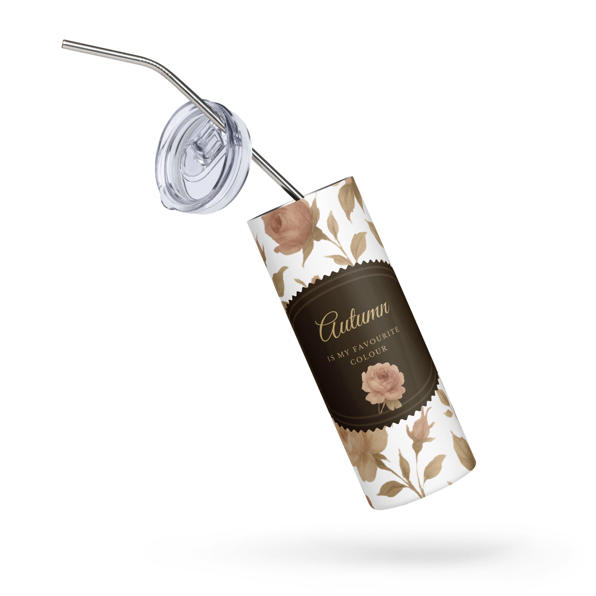 Tumbler with floral design and 'Autumn is my favourite colour' text on a white background