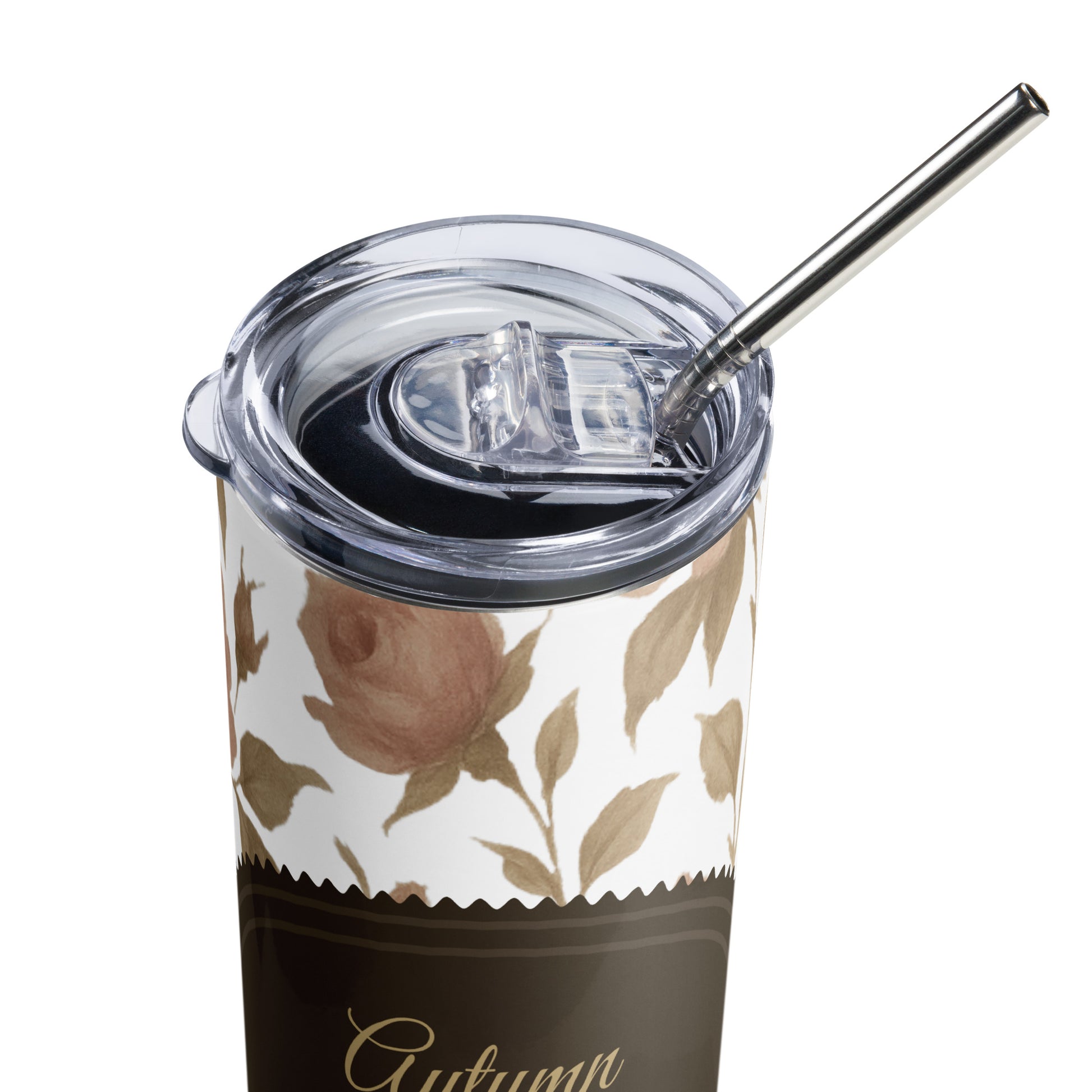 Tumbler with floral design and 'Autumn' text on a white background