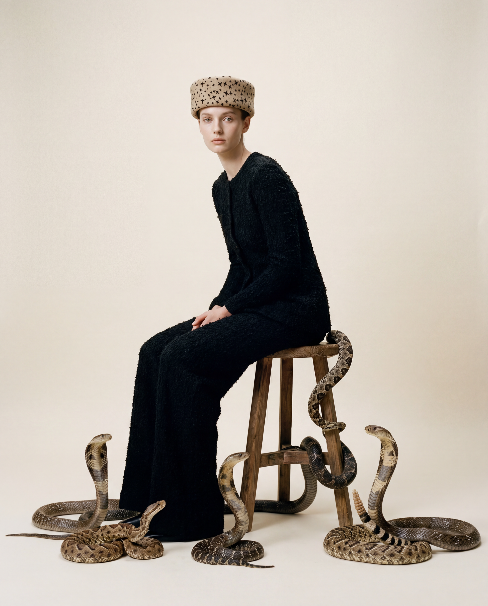 Star Print Pillbox Hat 100% Wool