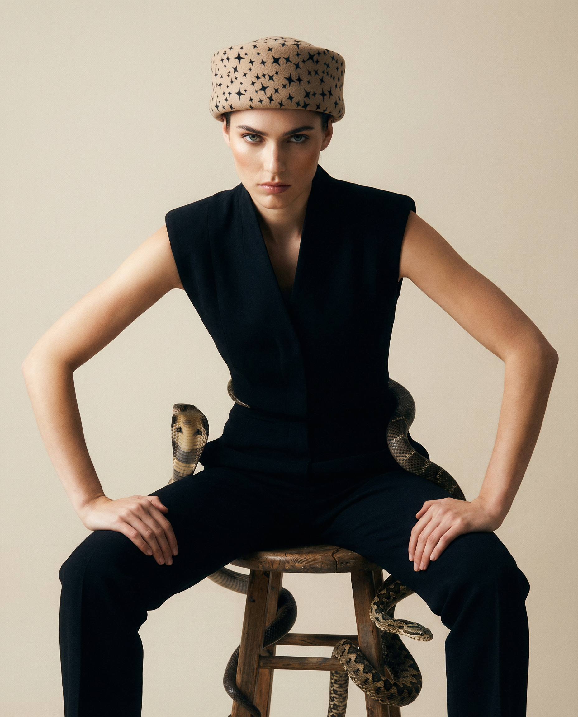 Star Print Pillbox Hat 100% Wool