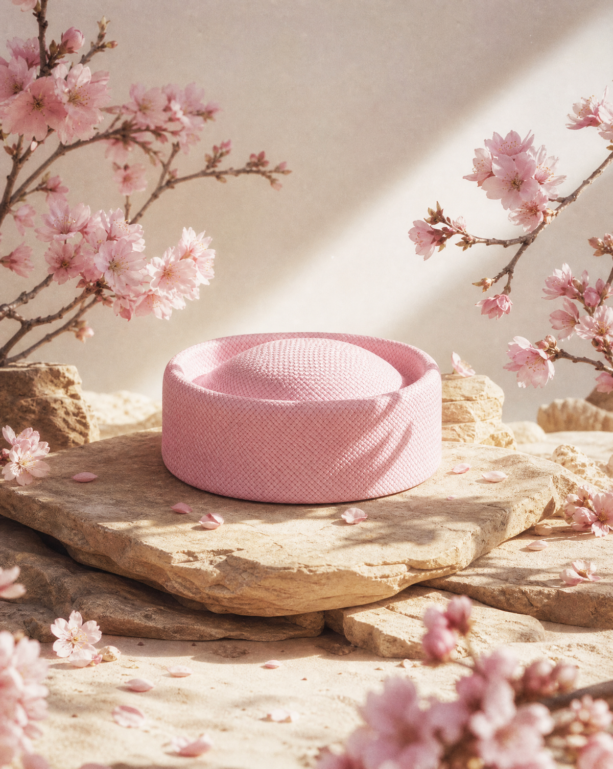Straw Pillbox Hat in Pink Cherry Blossom