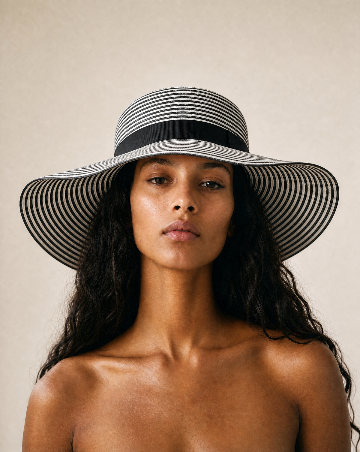 Black and Ivory Braided Wide Brim Straw Hat