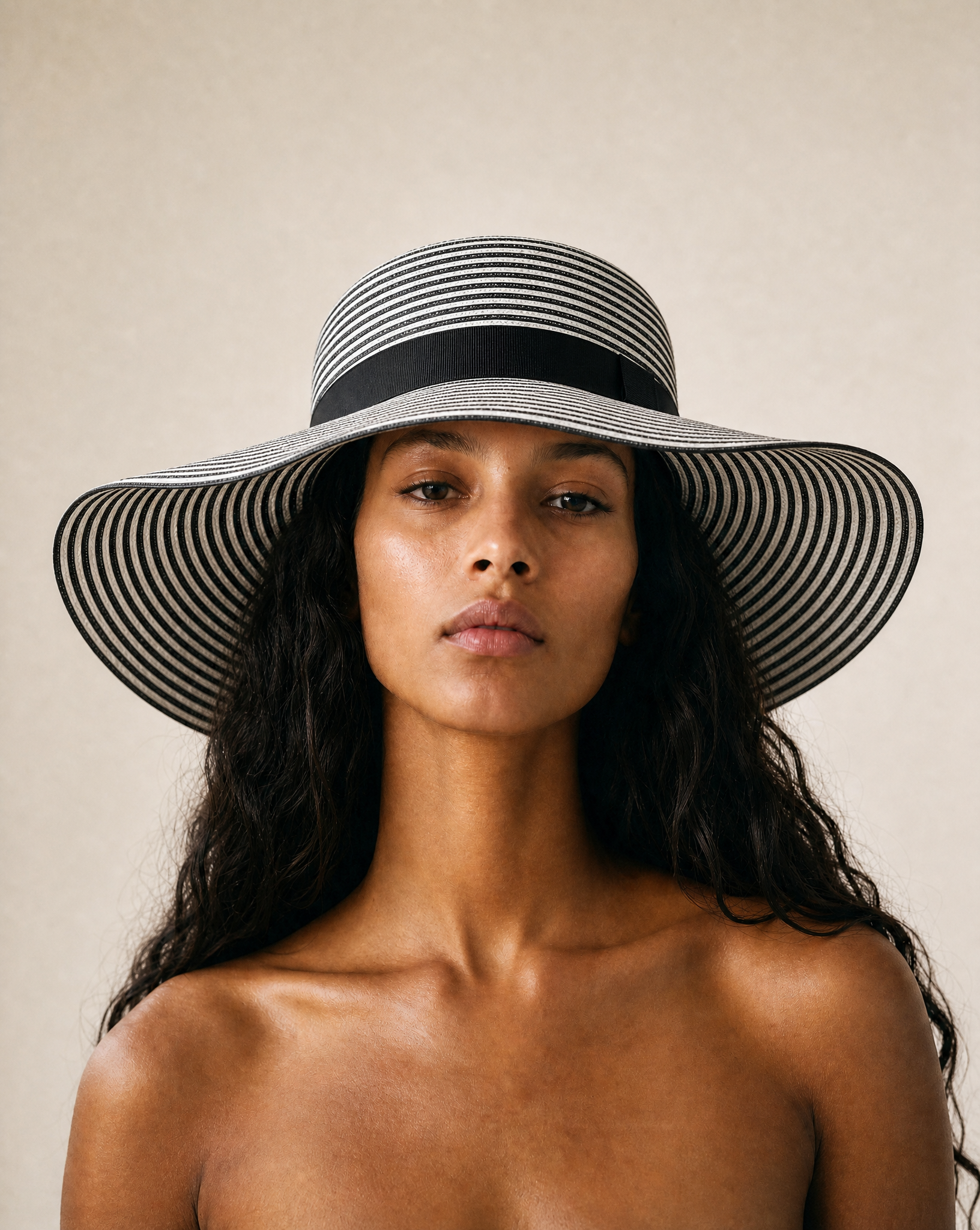 Black and Ivory Braided Wide Brim Straw Hat