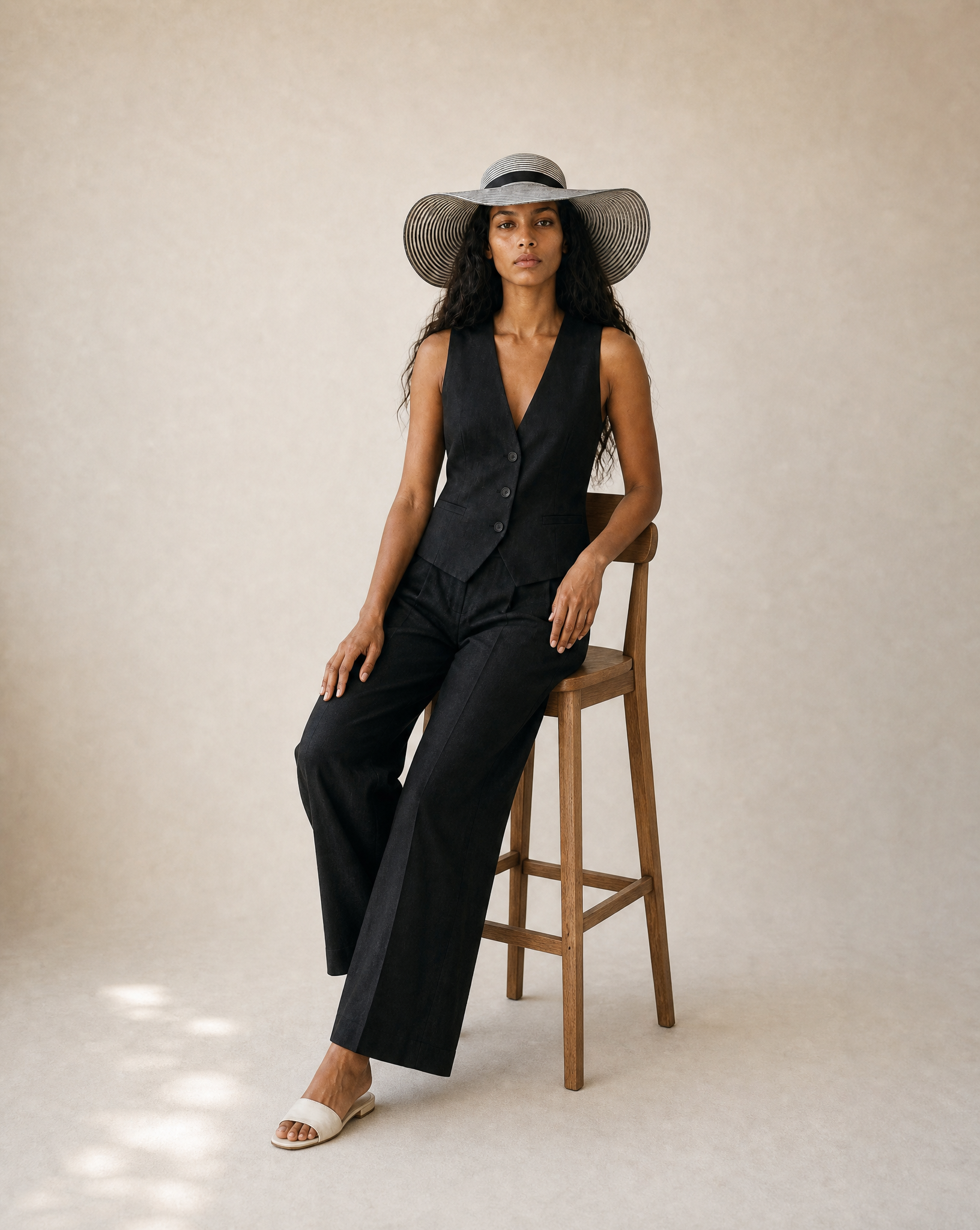 Black and Ivory Braided Wide Brim Straw Hat