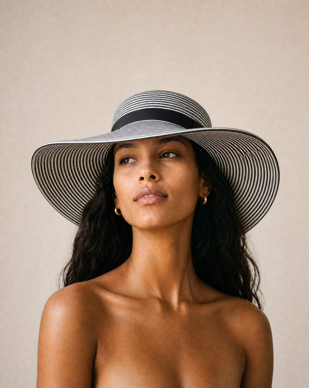 Black and Ivory Braided Wide Brim Straw Hat
