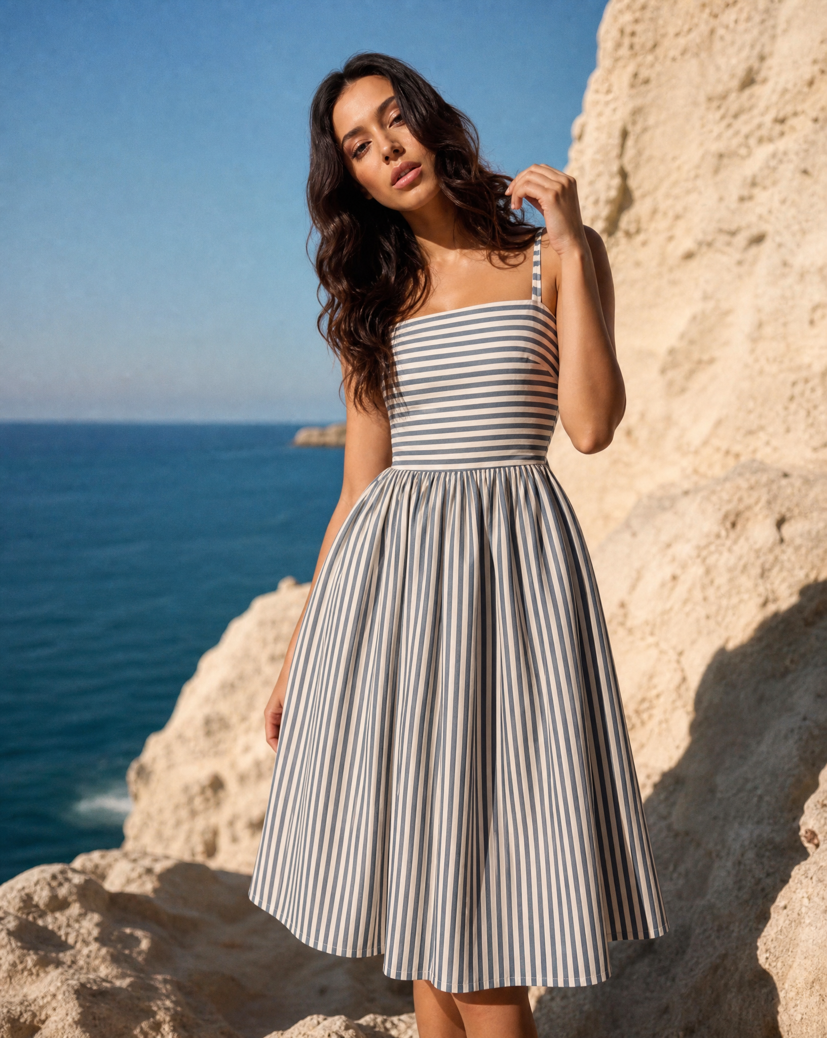 striped linen blend midi dress Striped Linen Blend Button Up Tank Dress Brown / M