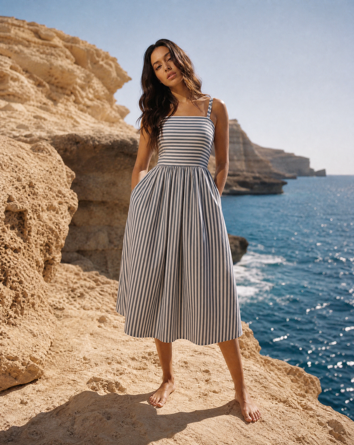 Stripe Linen-Blend Midi Dress