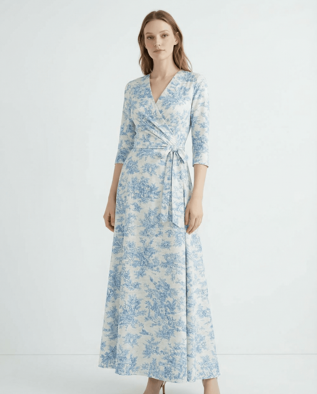 Toile De Jouy V-Neck Wrap Midaxi Day Dress