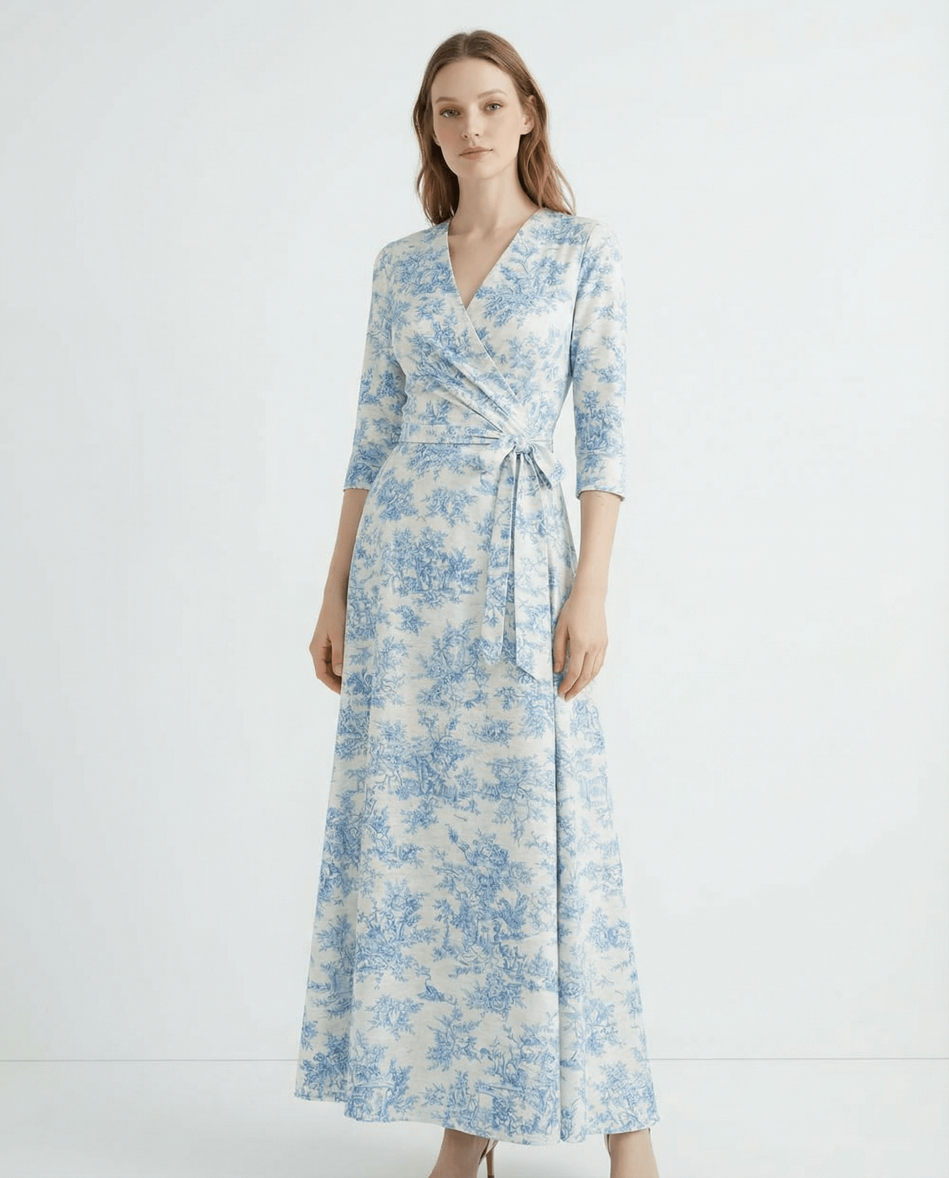 Toile De Jouy V-Neck Wrap Midaxi Day Dress