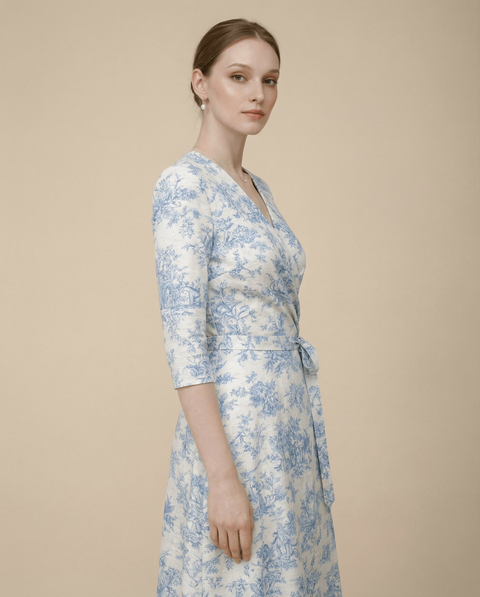 Toile De Jouy V-Neck Wrap Midaxi Day Dress