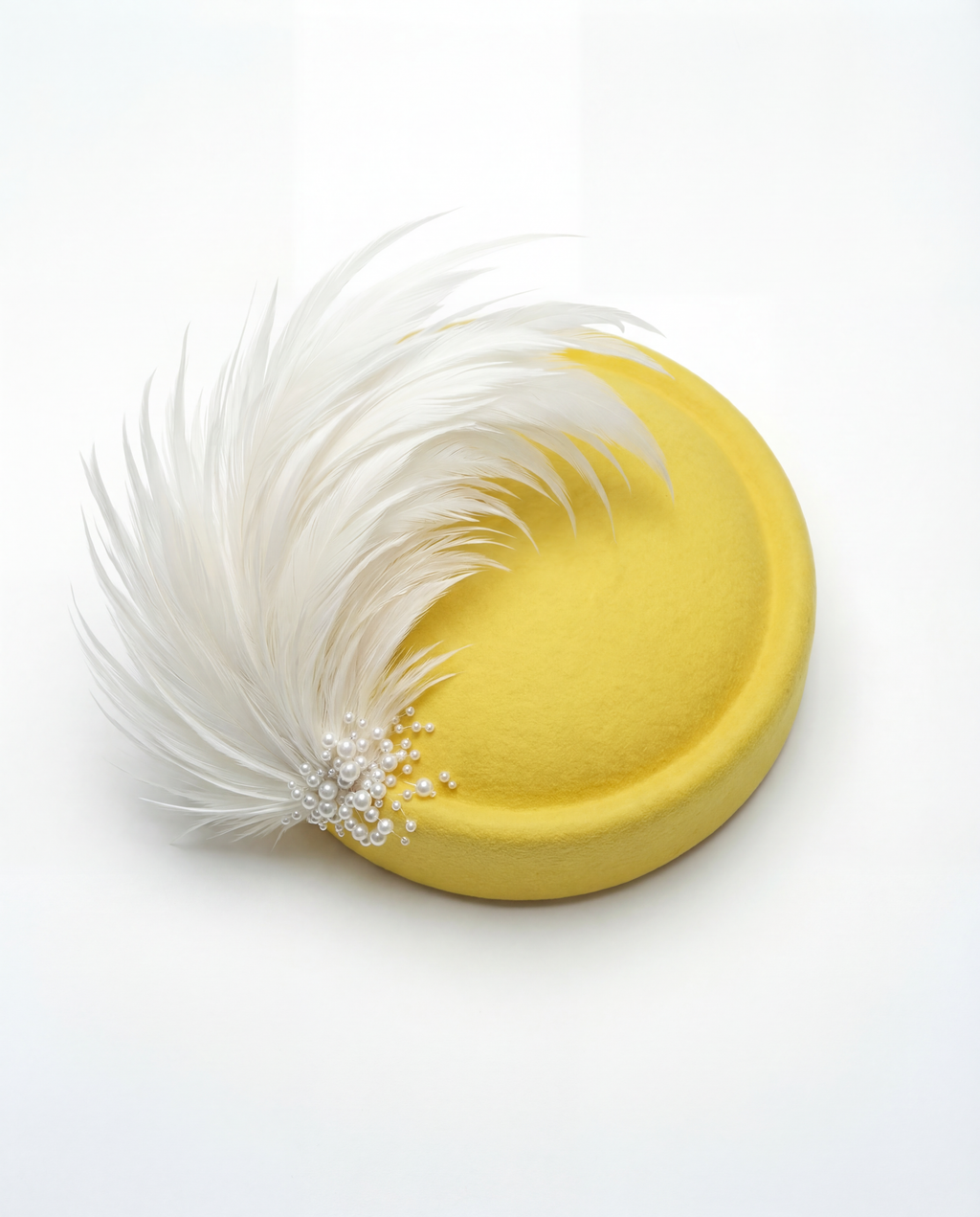 Mustard Yellow Pillbox Hat with Feathers and Pearls