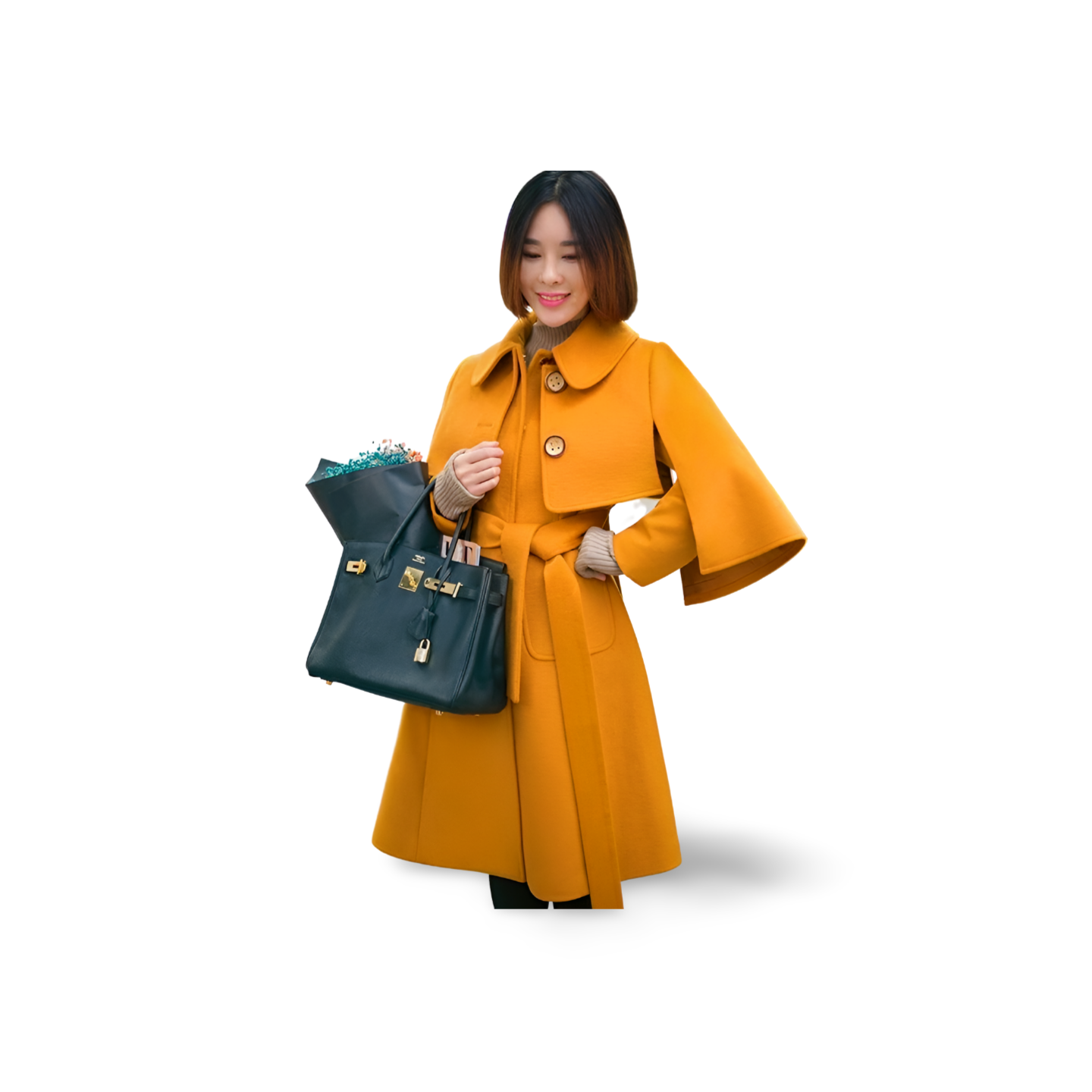 Knee Length Coat With a Removable Cape - Yellow 