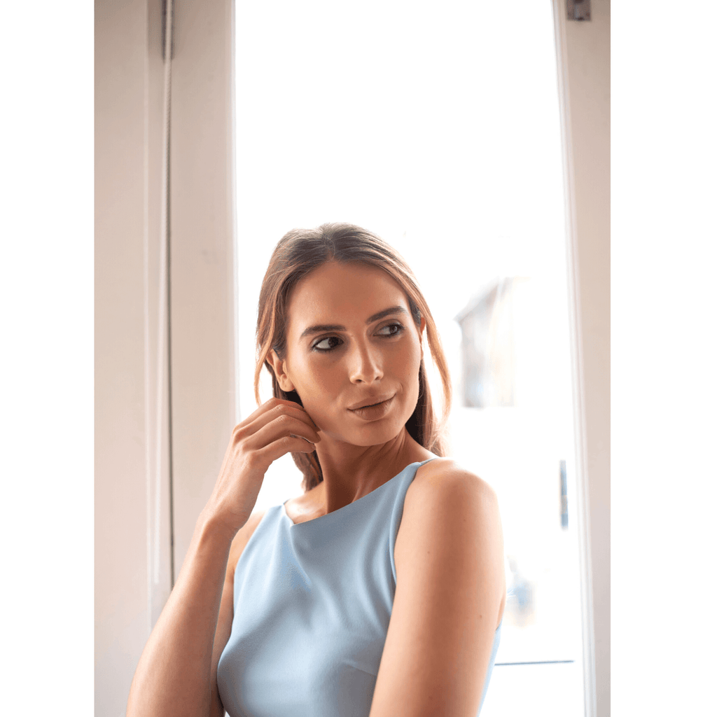 Blue Dress With Ruched Waist Boat Neck
