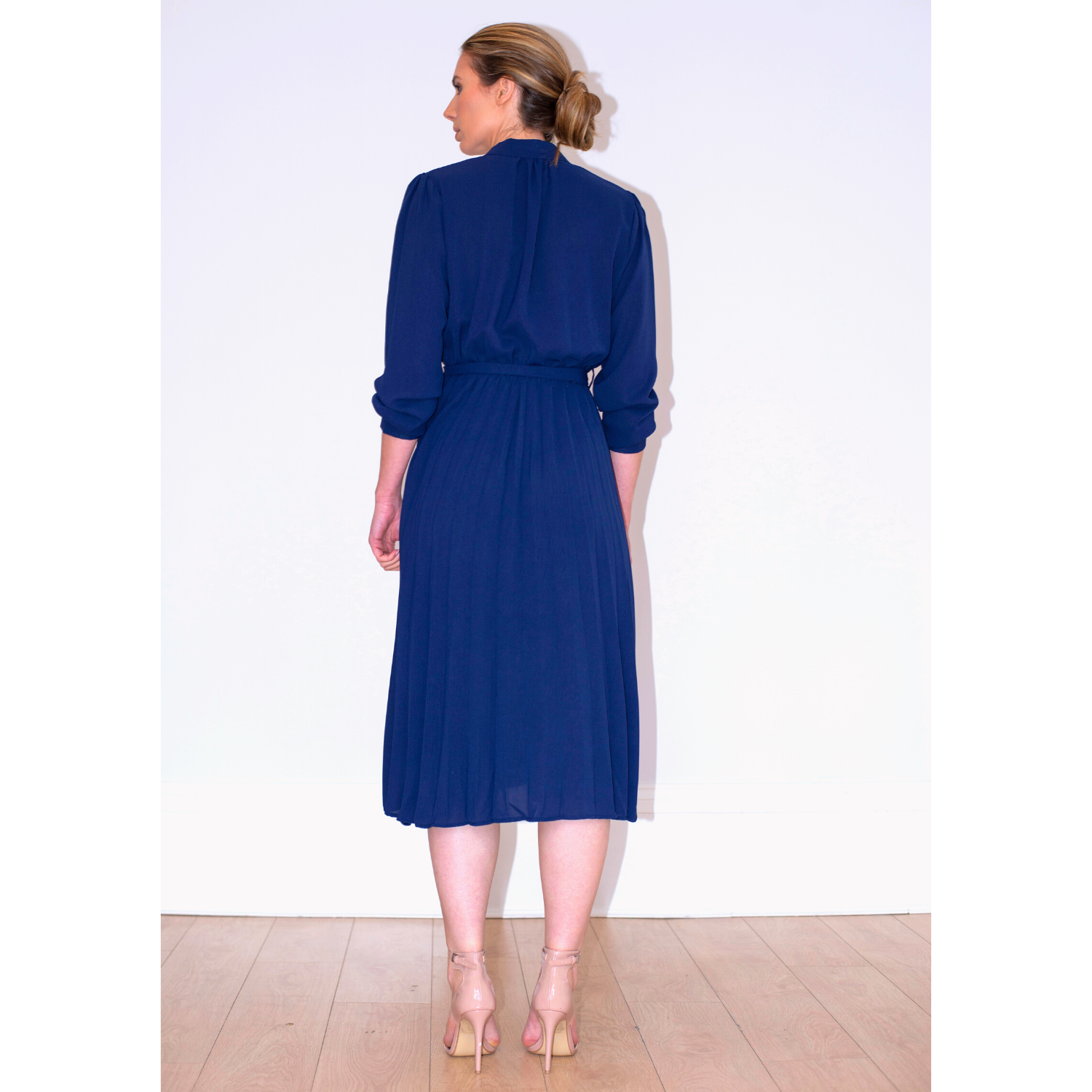 High Neck Shirt Dress With Long Sleeves and Belt - Navy