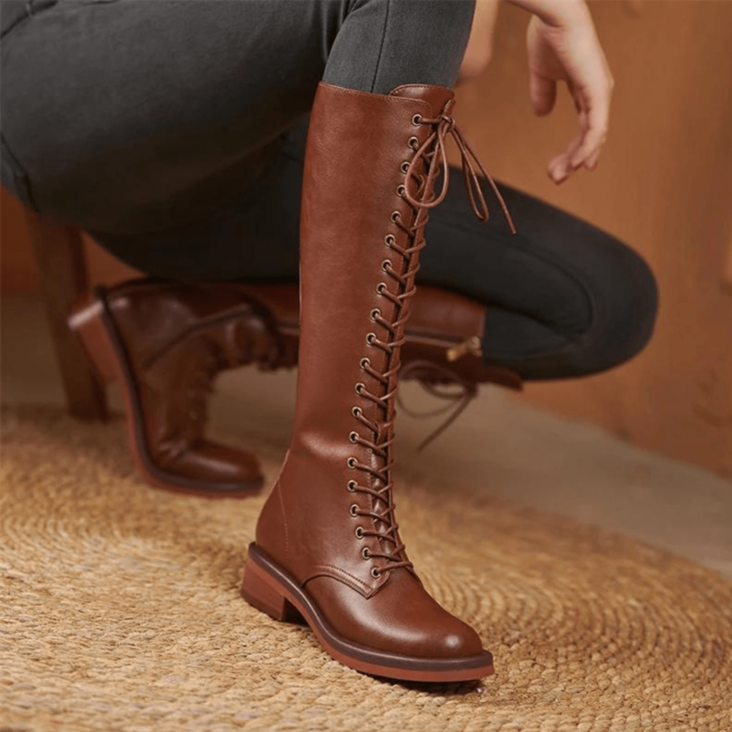 Knee High Leather Lace Up Boots Brown Zalinah White