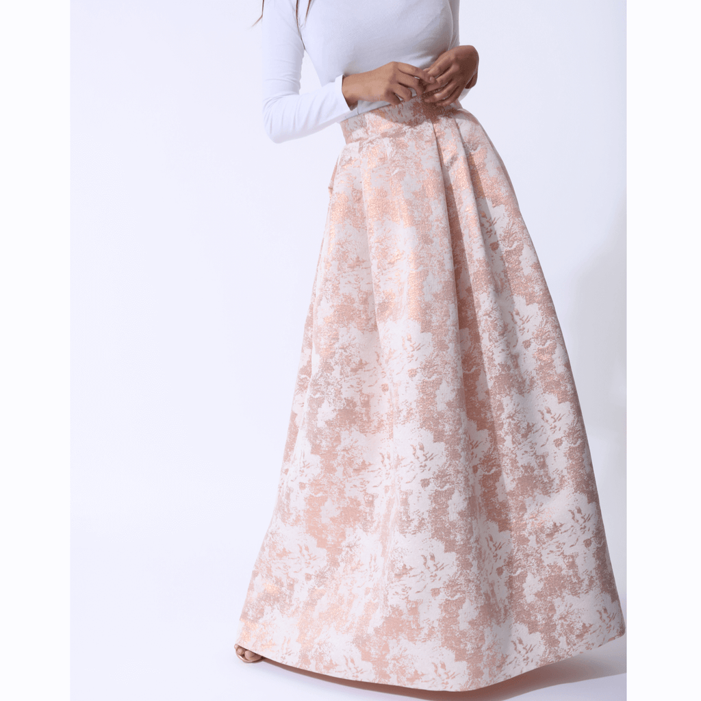 Structured Pleated Maxi Skirt Metallic Rose Gold Jacquard