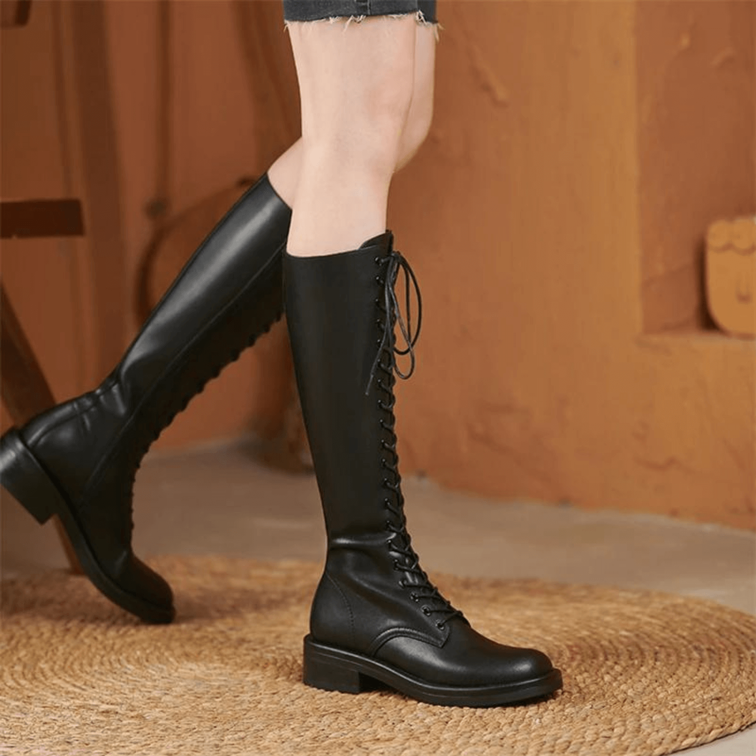 zalinah white KNEE HIGH LACE UP FLAT BOOTS  - BLACK LEATHER