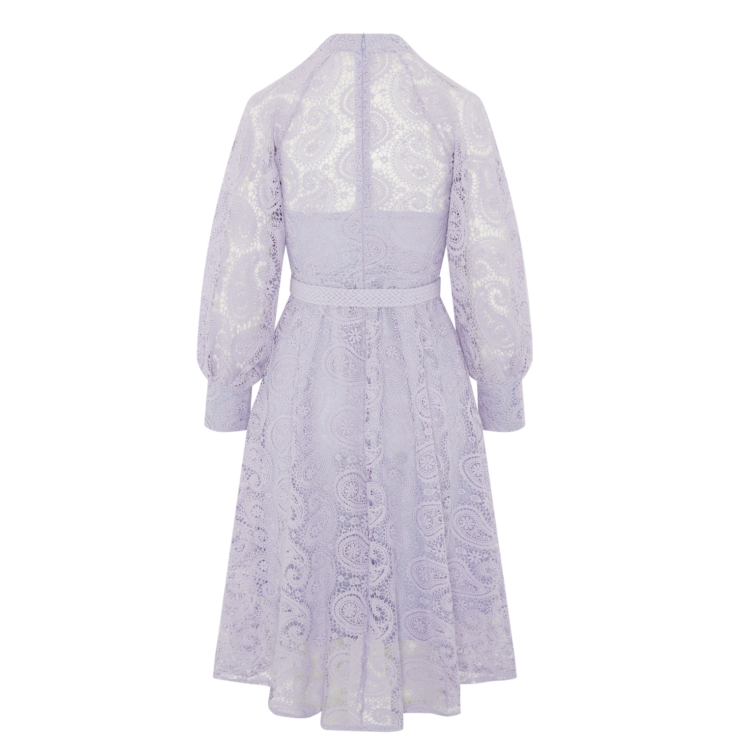PAISLEY CROCHET LACE MIDAXI WITH LANTERN SLEEVES AND BRAIDED BELT - LIGHT PURPLE