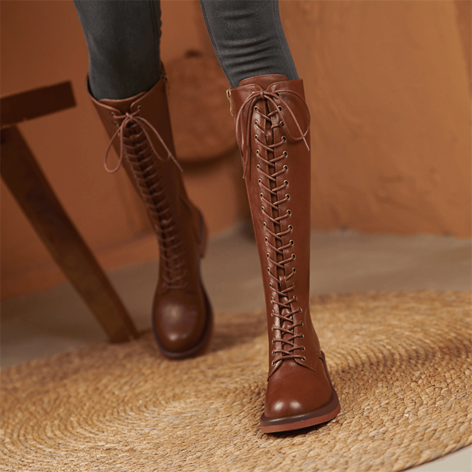 zalinah white KNEE HIGH LACE UP FLAT BOOTS  - BROWN LEATHER