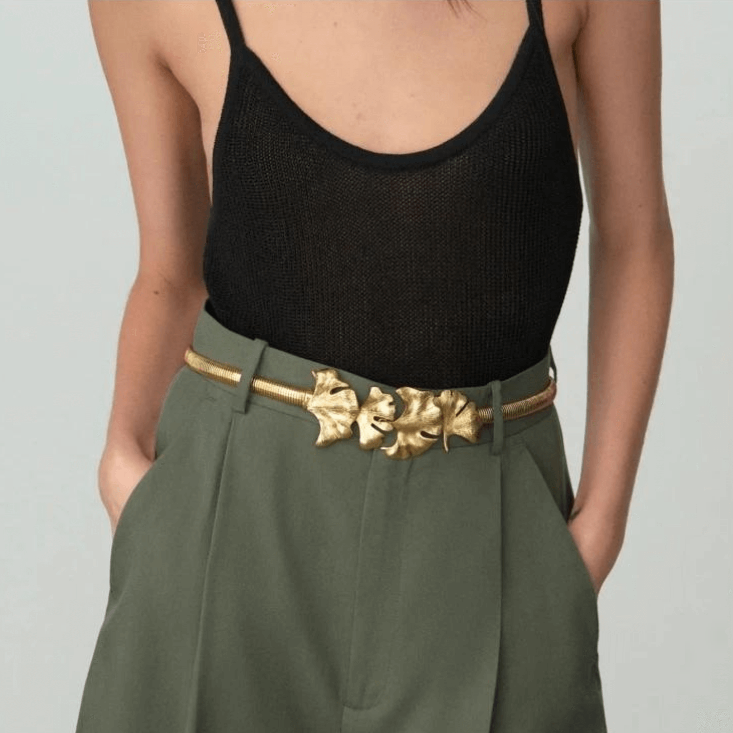 Gold Stretch Waist Belt with Ginkgo Leaf-Shaped Buckle