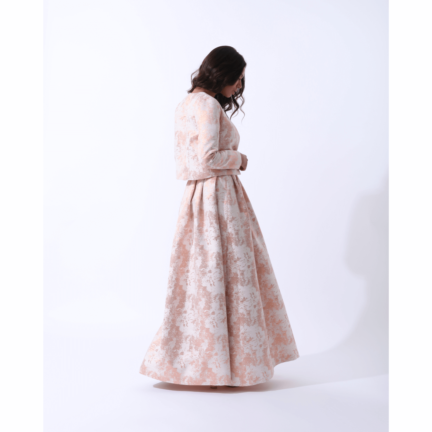 Structured Pleated Maxi Skirt Metallic Rose Gold Jacquard