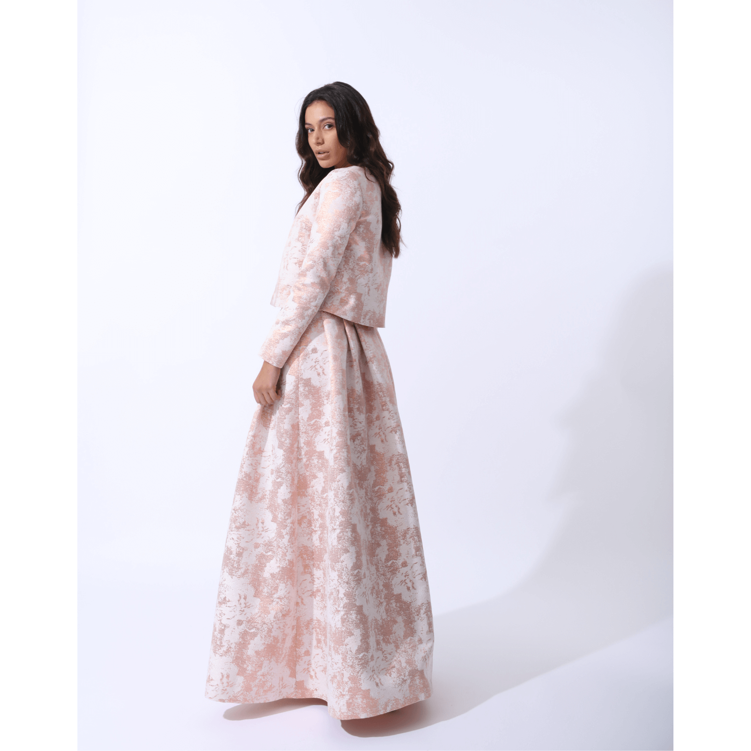 Structured Pleated Maxi Skirt Metallic Rose Gold Jacquard