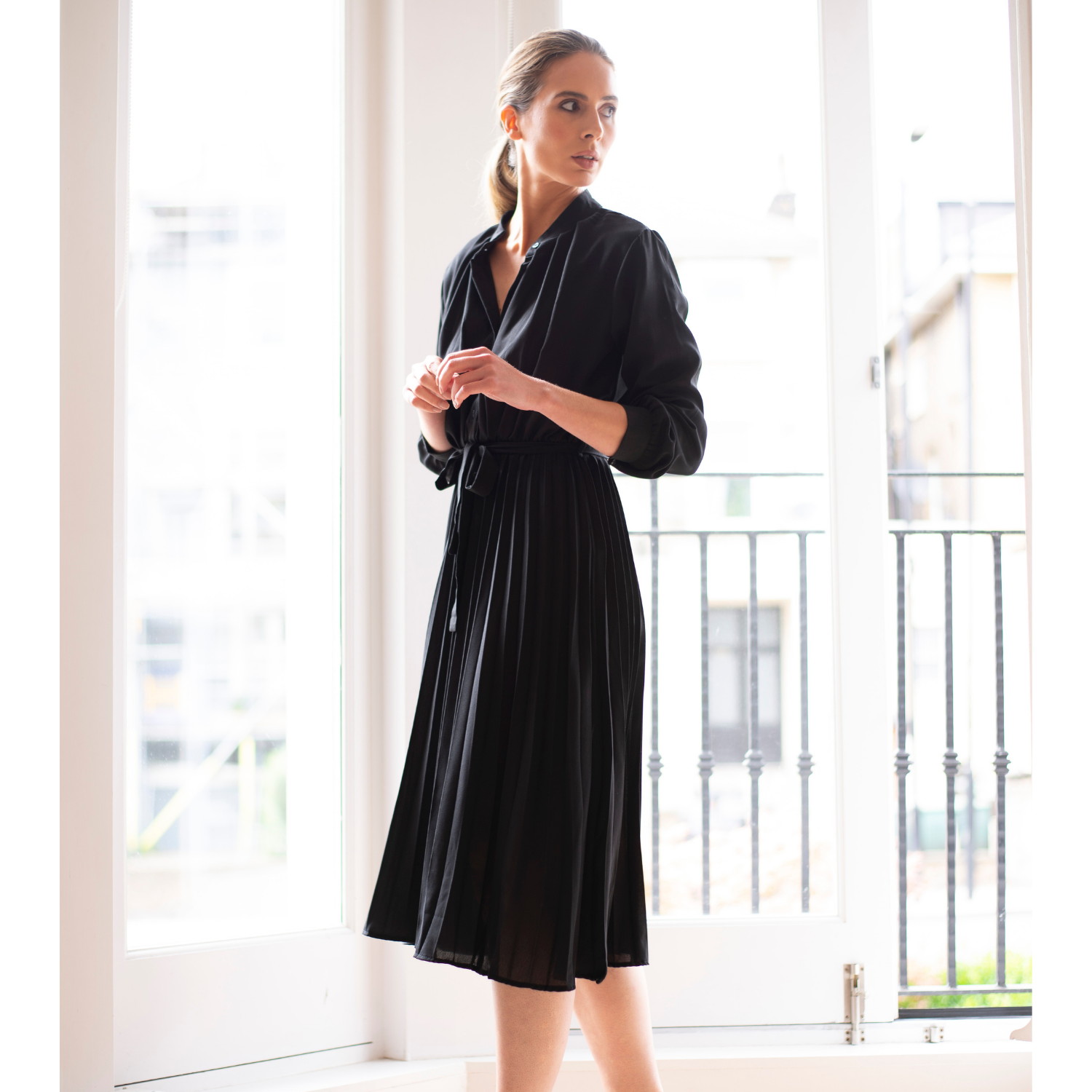 High Neck Pleated Chiffon Maxi With Long Sleeves - Mademoiselle in Black for Zalinah White