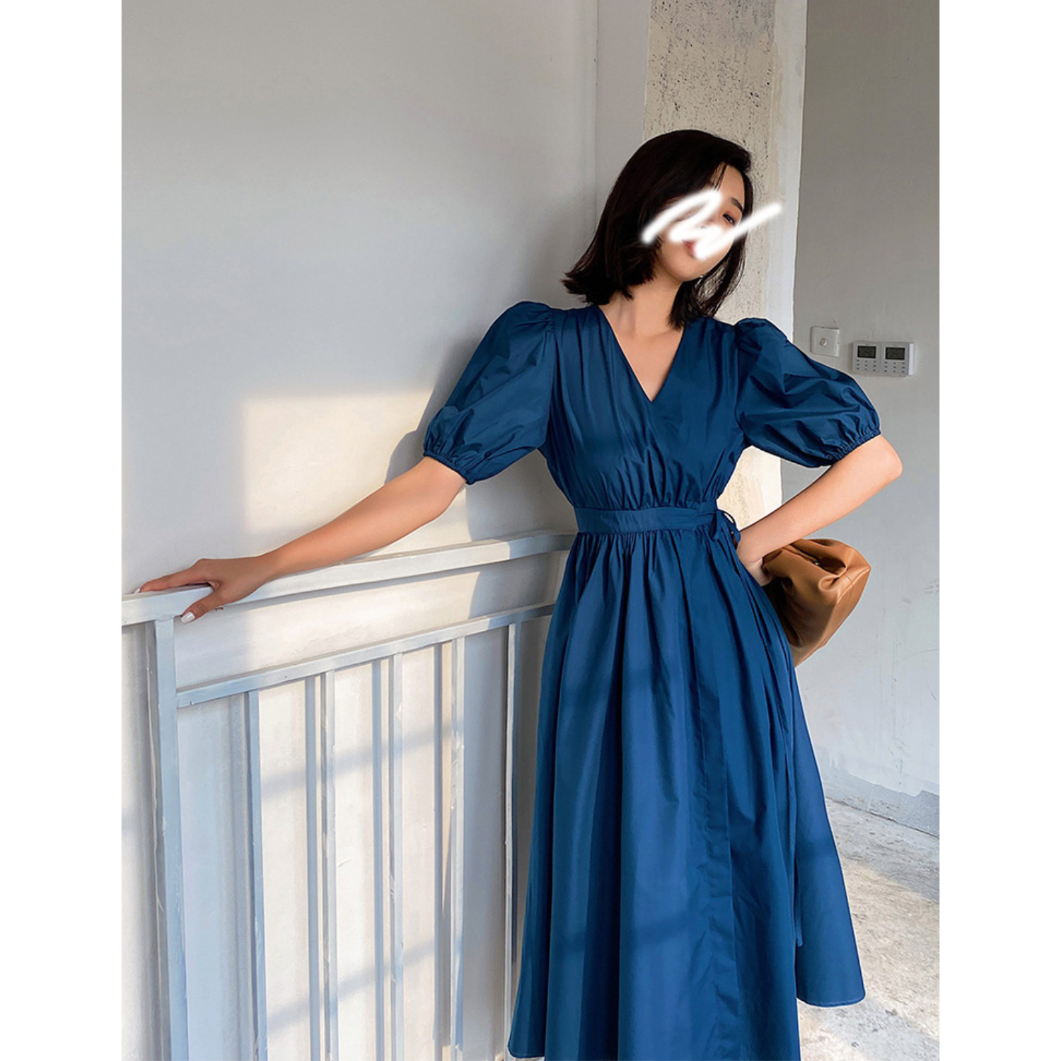 WRAP MIDI WITH PUFF SLEEVES AND A BELT COBALT BLUE  ZALINAH WHITE 