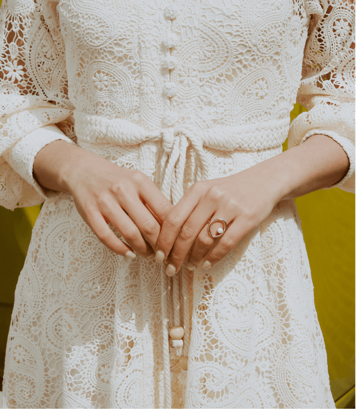 Crochet Cream Midi With Long Ruched Sleeves and Belt